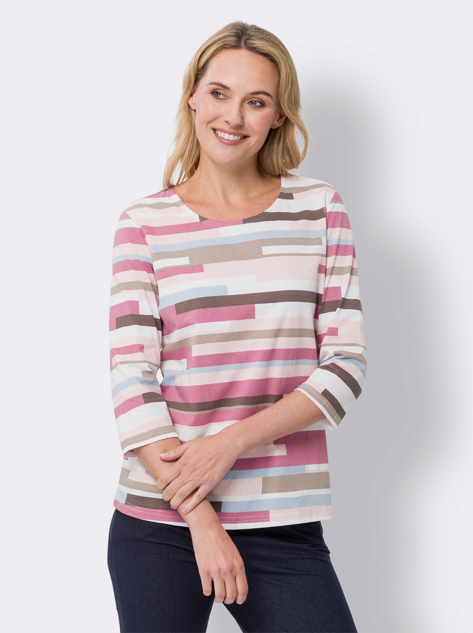 Topp med rund halsringning - gammalrosa-ljusrosa-tryck