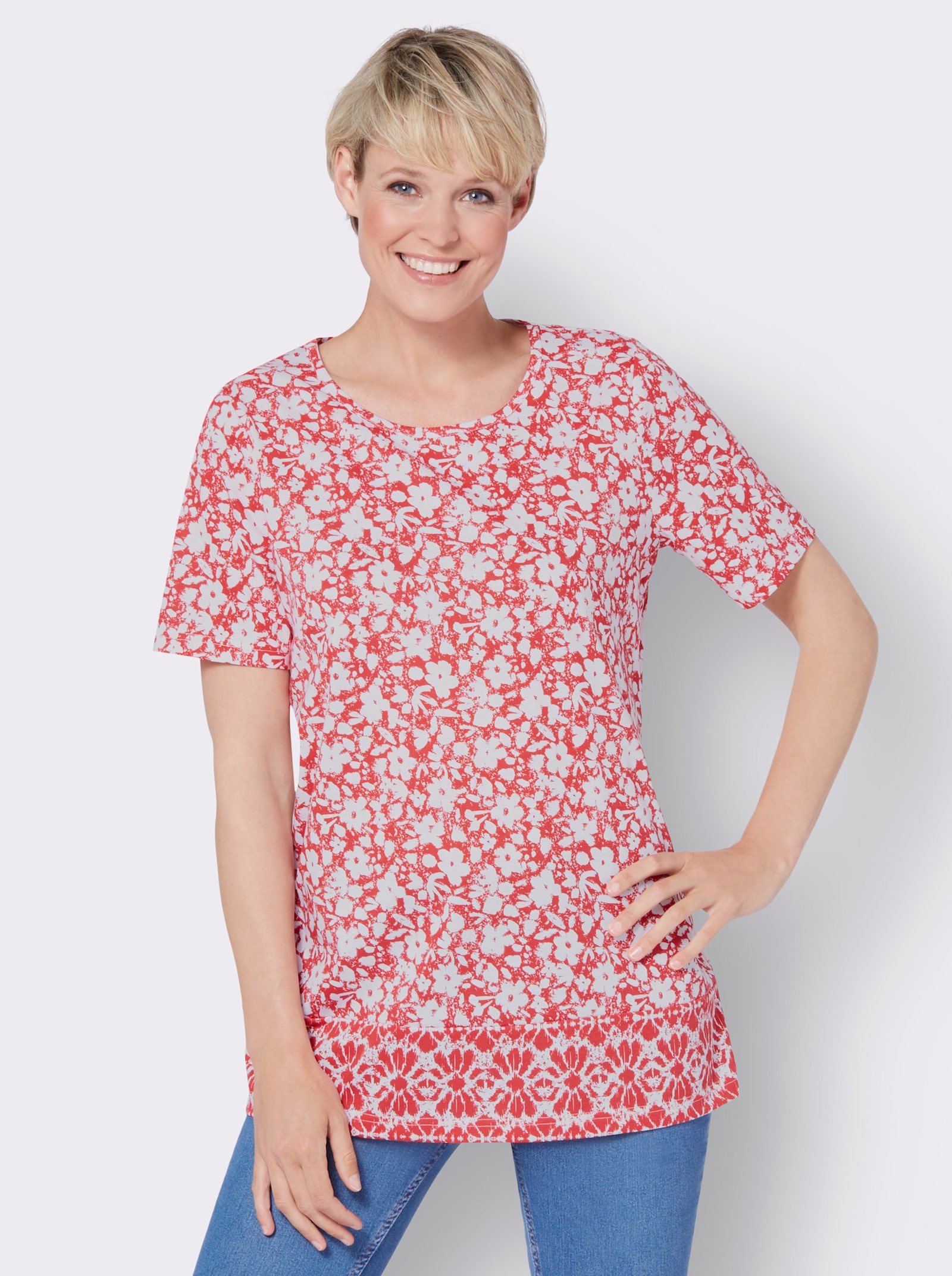 Longshirt mit Blumen- und Bordüren-Druck - rot-weiss-bedruckt