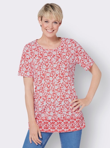 Longshirt mit Blumen- und Bordüren-Druck - rot-weiß-bedruckt