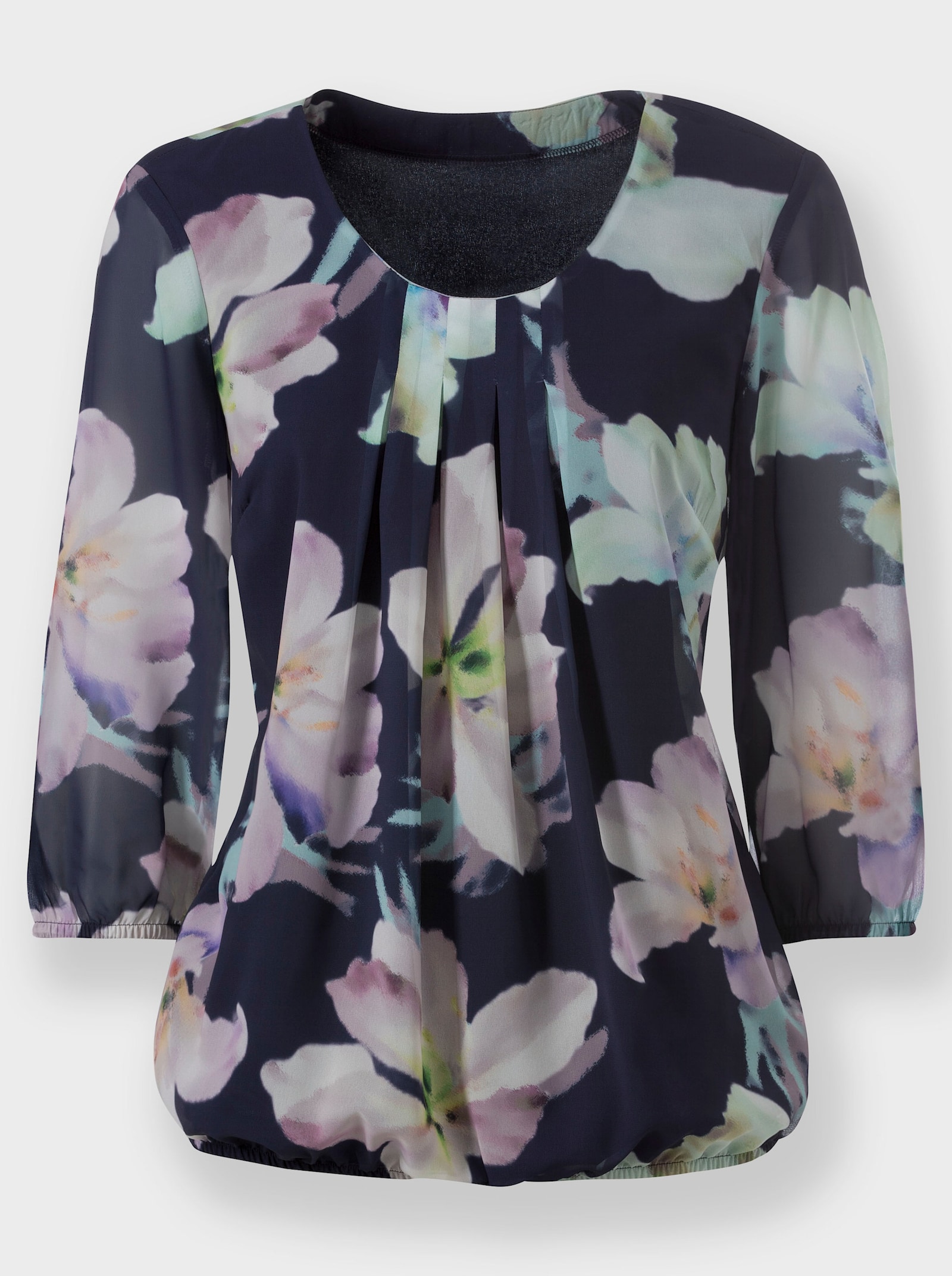 Comfortblouse van georgette - marine/kalkmint bedrukt