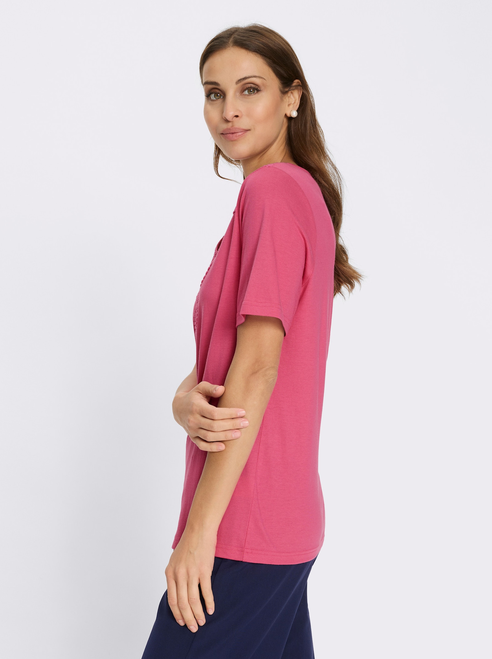 Kurzarmshirt mit Spitzen-Verzierung - fuchsia