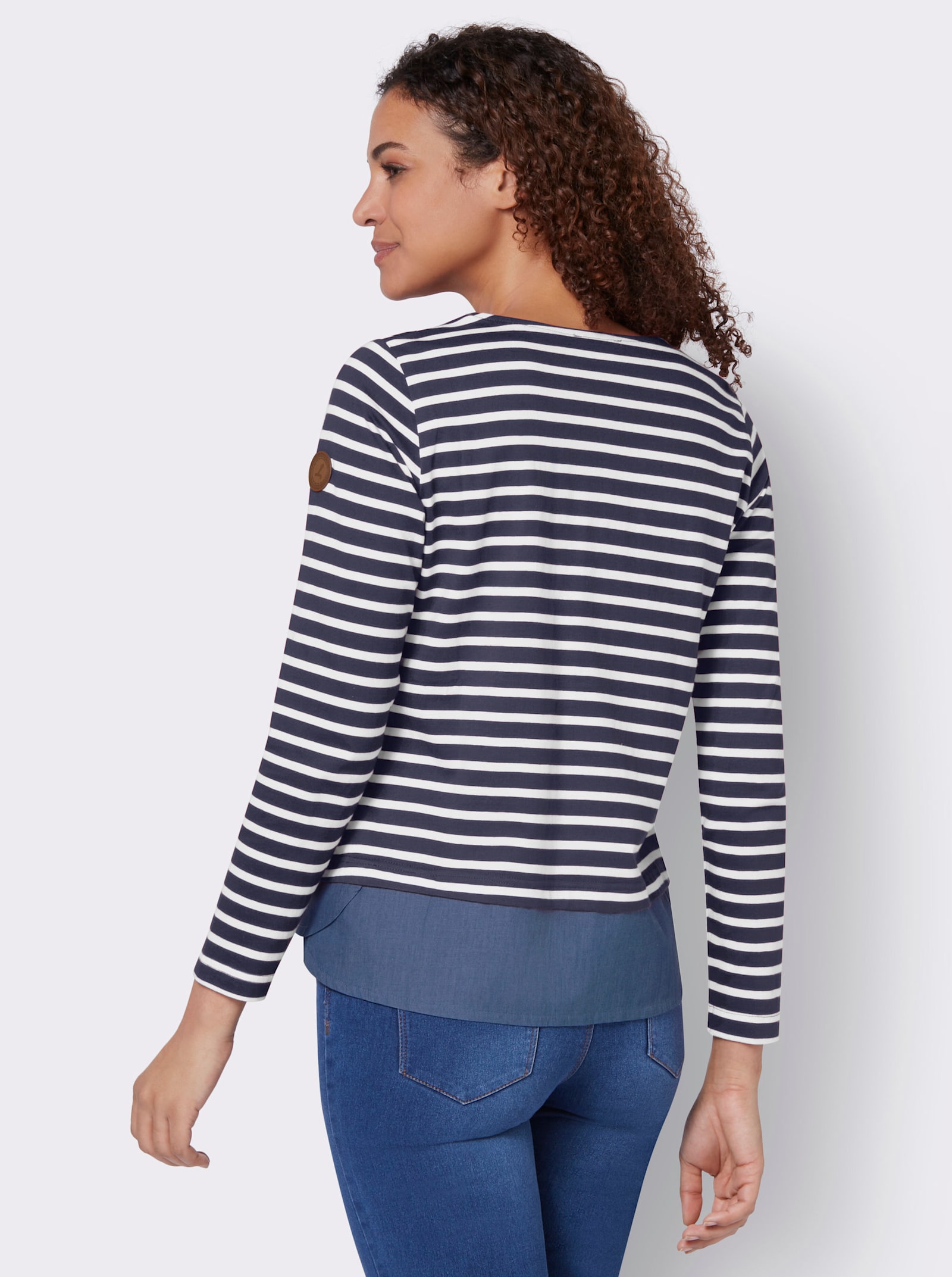 Ringelshirt mit verlängertem Saum hinten - marine-ecru-geringelt