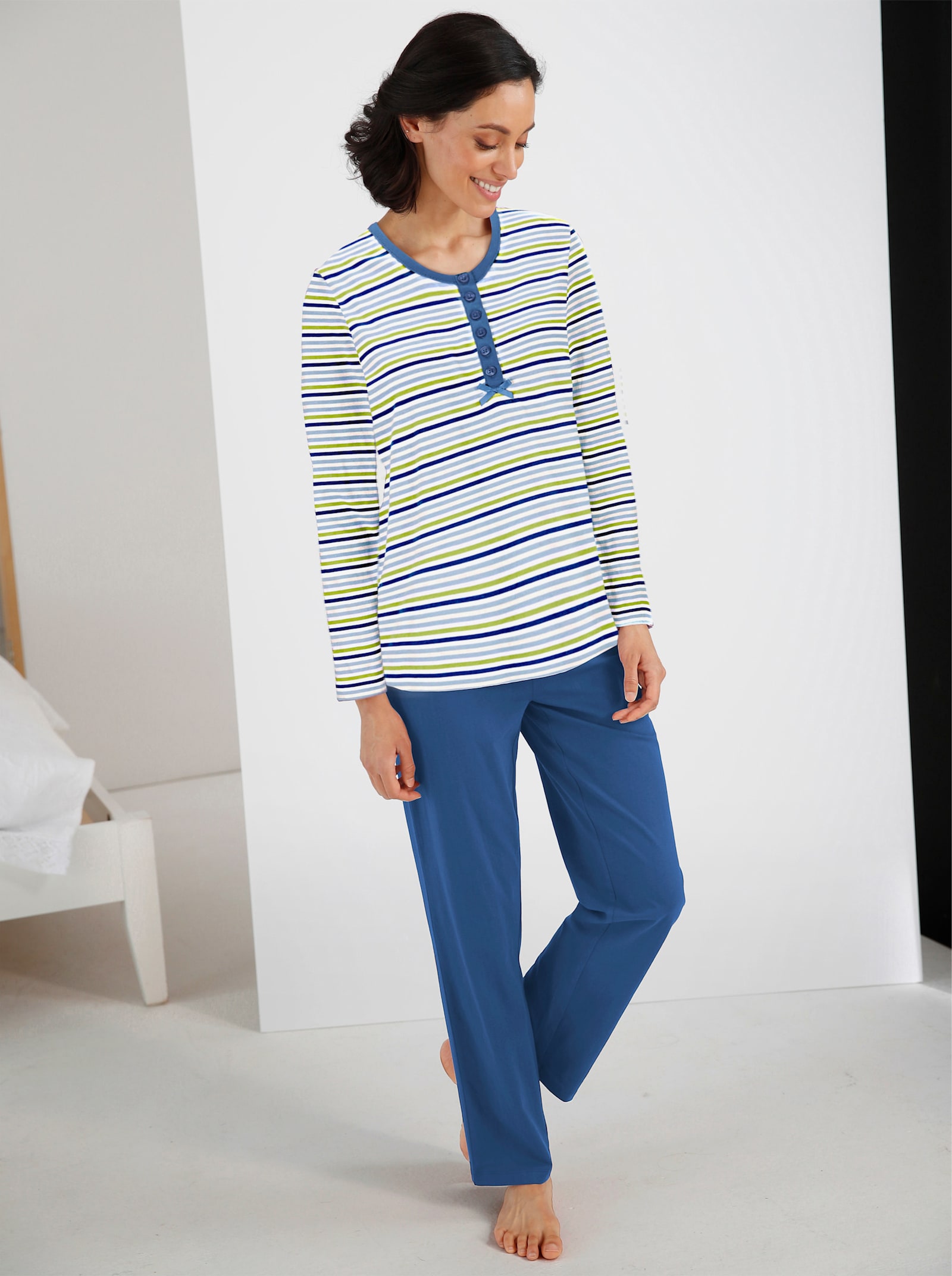 wäschepur Schlafanzüge aus reiner Baumwolle - jeansblau + jeansblau-geringelt