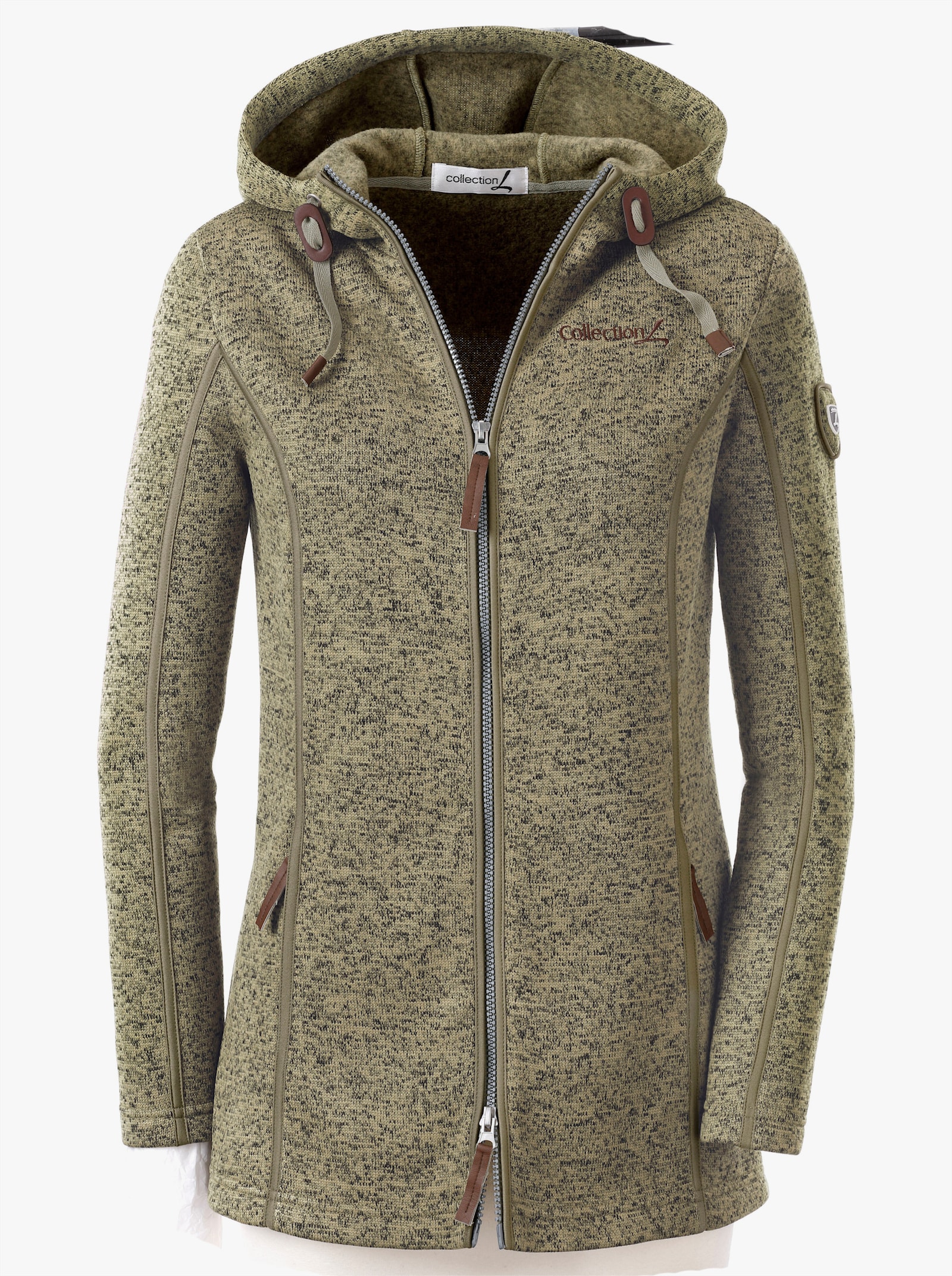 Kapuzenfleecejacke mit Umlegekragen - schilf-meliert