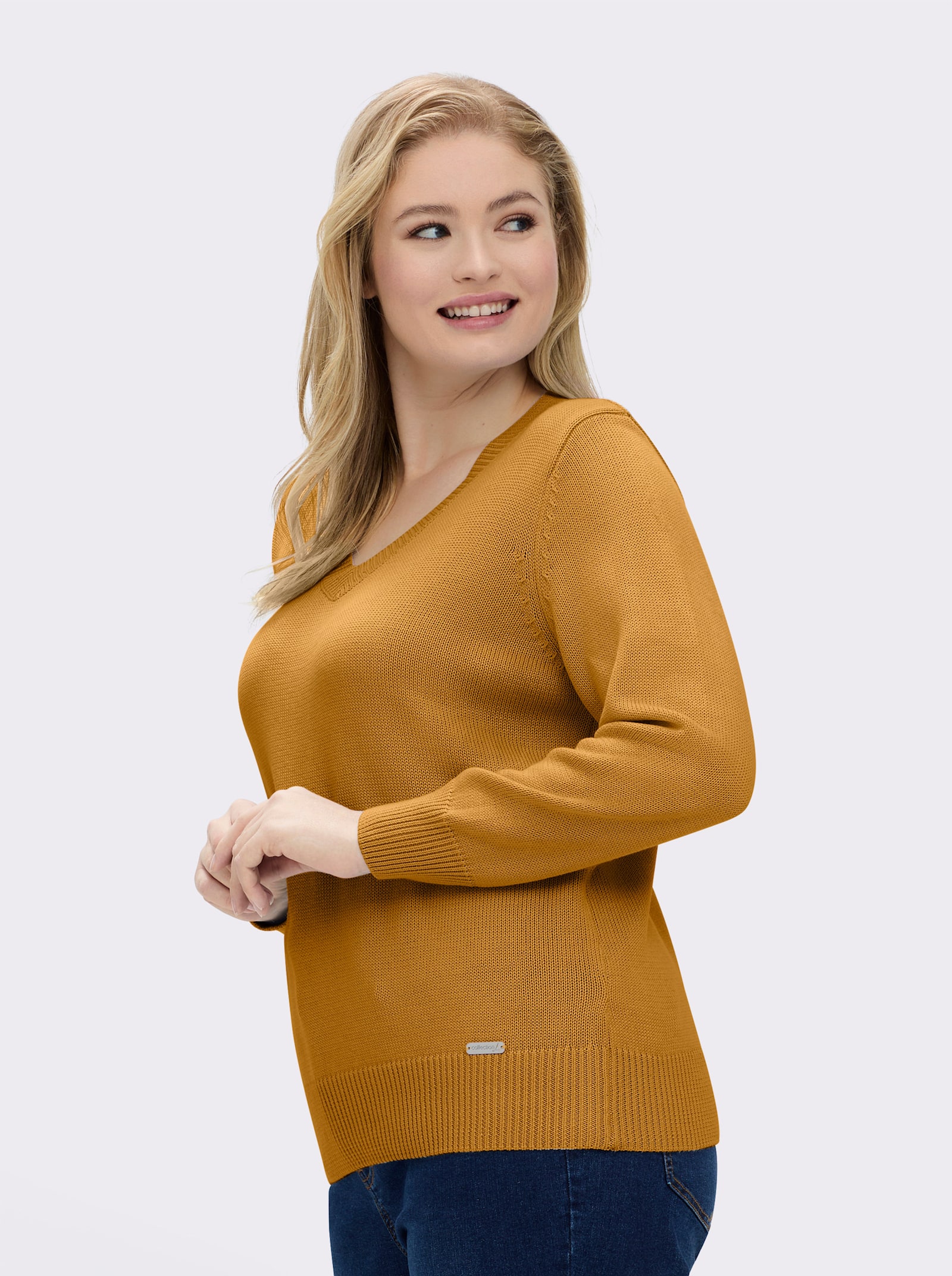 V-Ausschnitt-Pullover mit Baumwolle - maisgelb