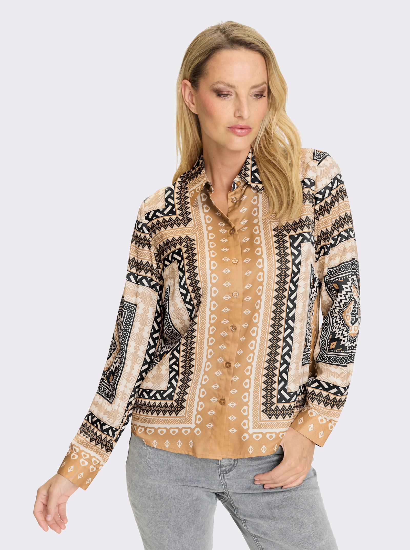 heine Blouse met print van satijn - camel/zwart geprint