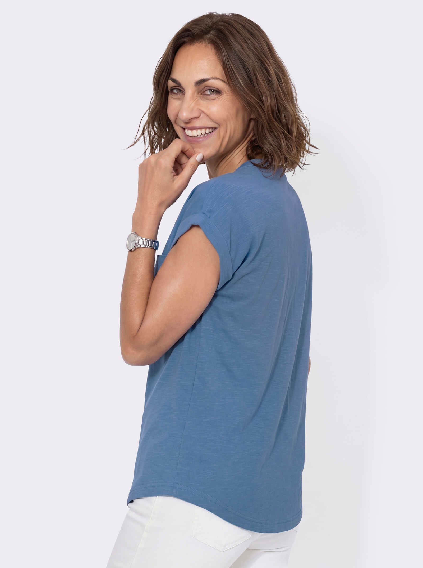 Kurzarmshirt mit Ärmelaufschlägen - mittelblau
