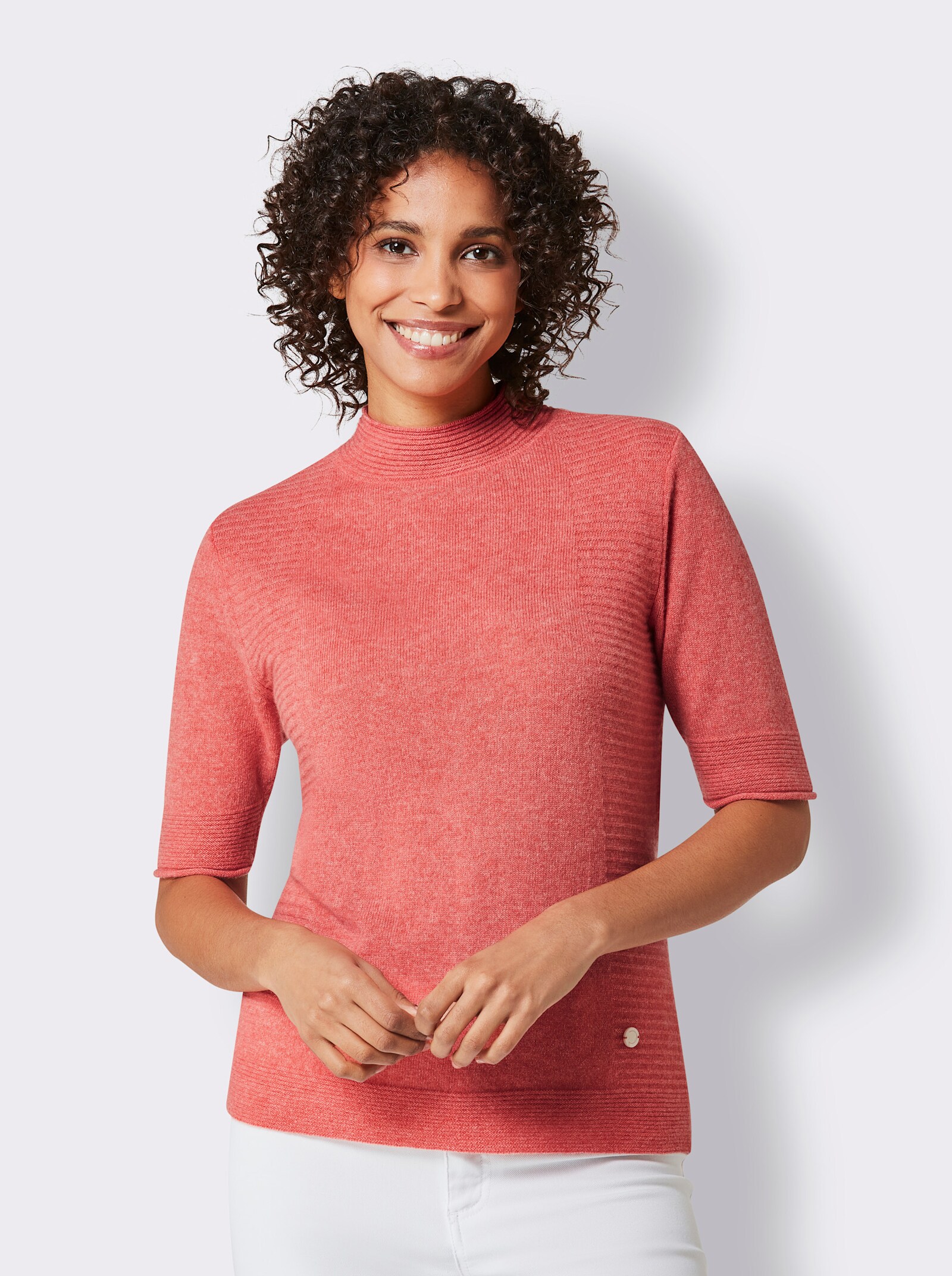 CREATION L PREMIUM Kaschmirpullover mit Stehkragen - koralle