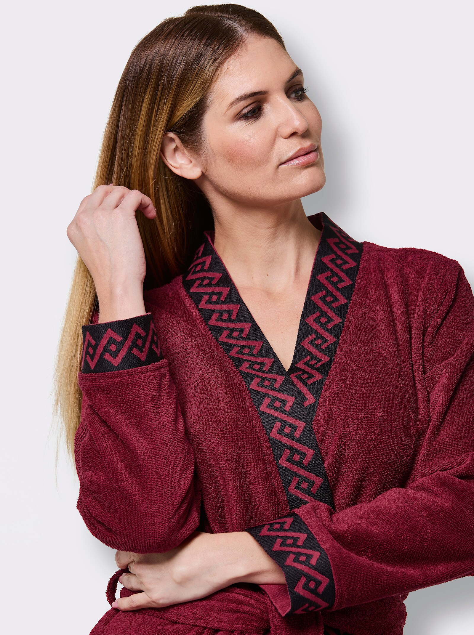 feel good Damenbademantel mit Webblende - dunkelrot-schwarz