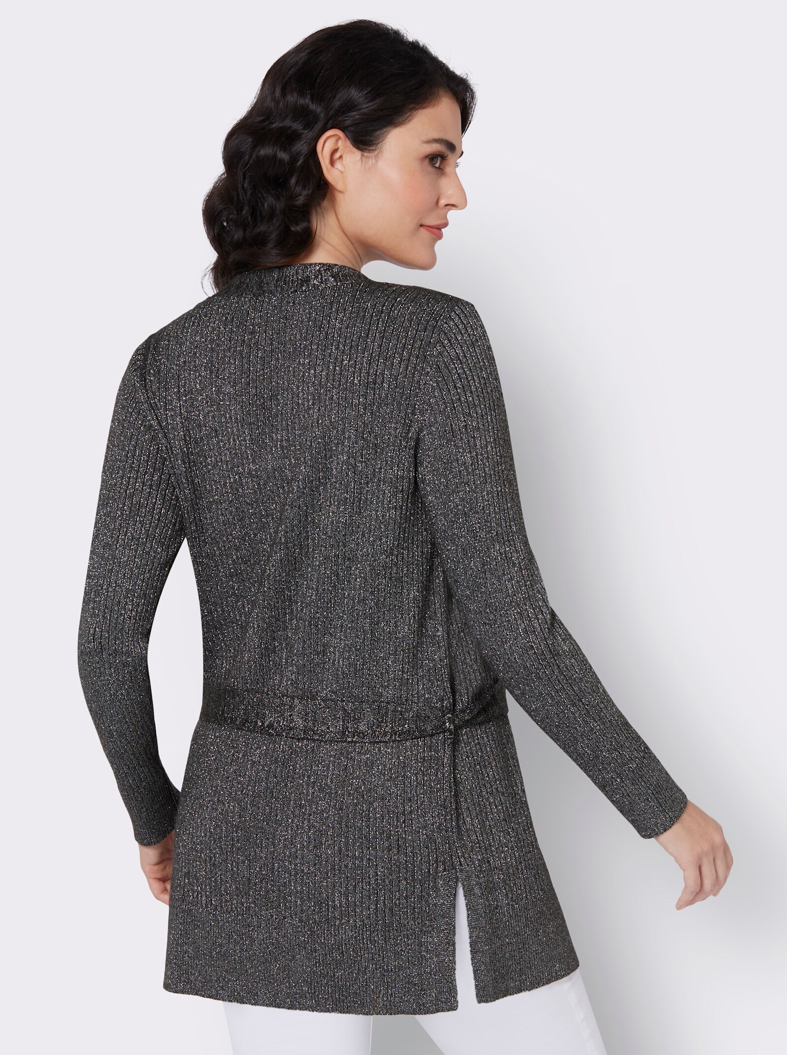 Feinstrickjacke mit Ripp-Struktur, glänzend - graphit-silberfarben-meliert