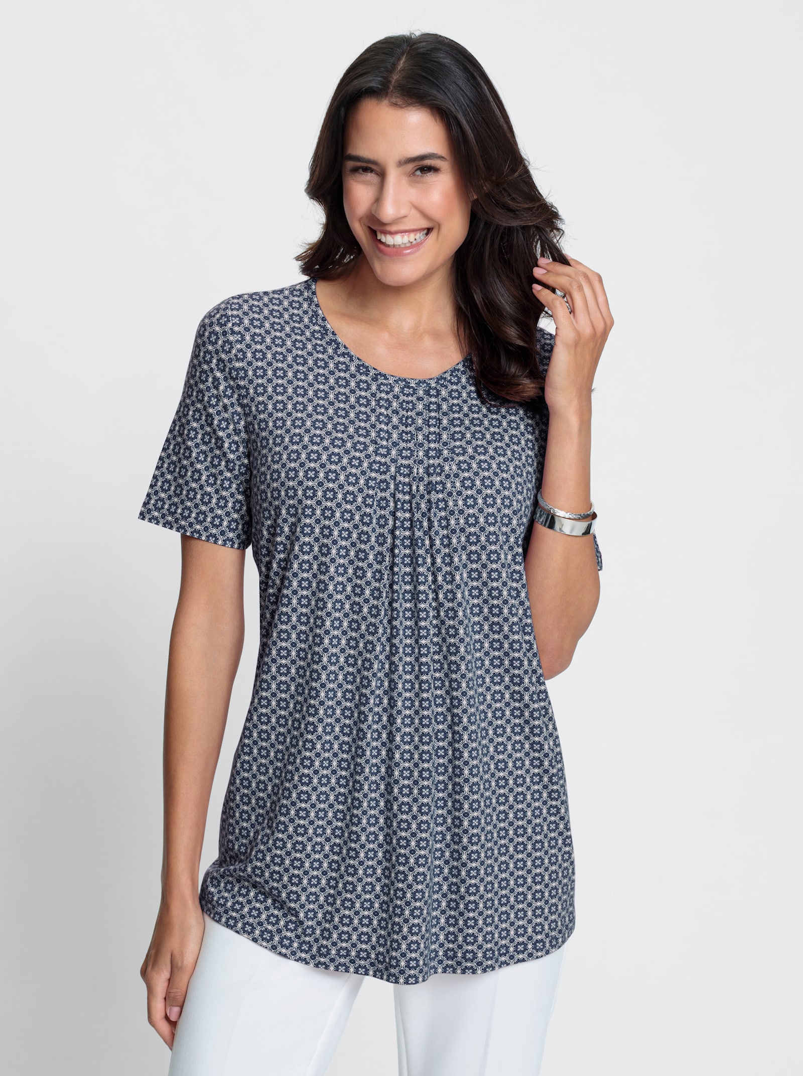 Tunikashirt in A-Linie - dunkelblau-weiß-bedruckt