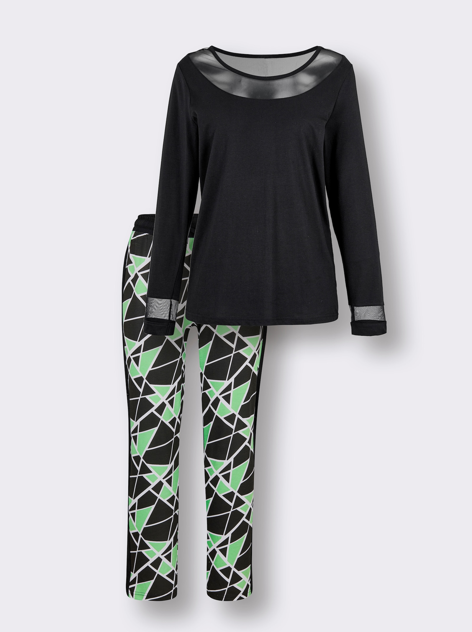 wäschepur Schlafanzug mit Netzeinsätzen - schwarz-apfel-bedruckt