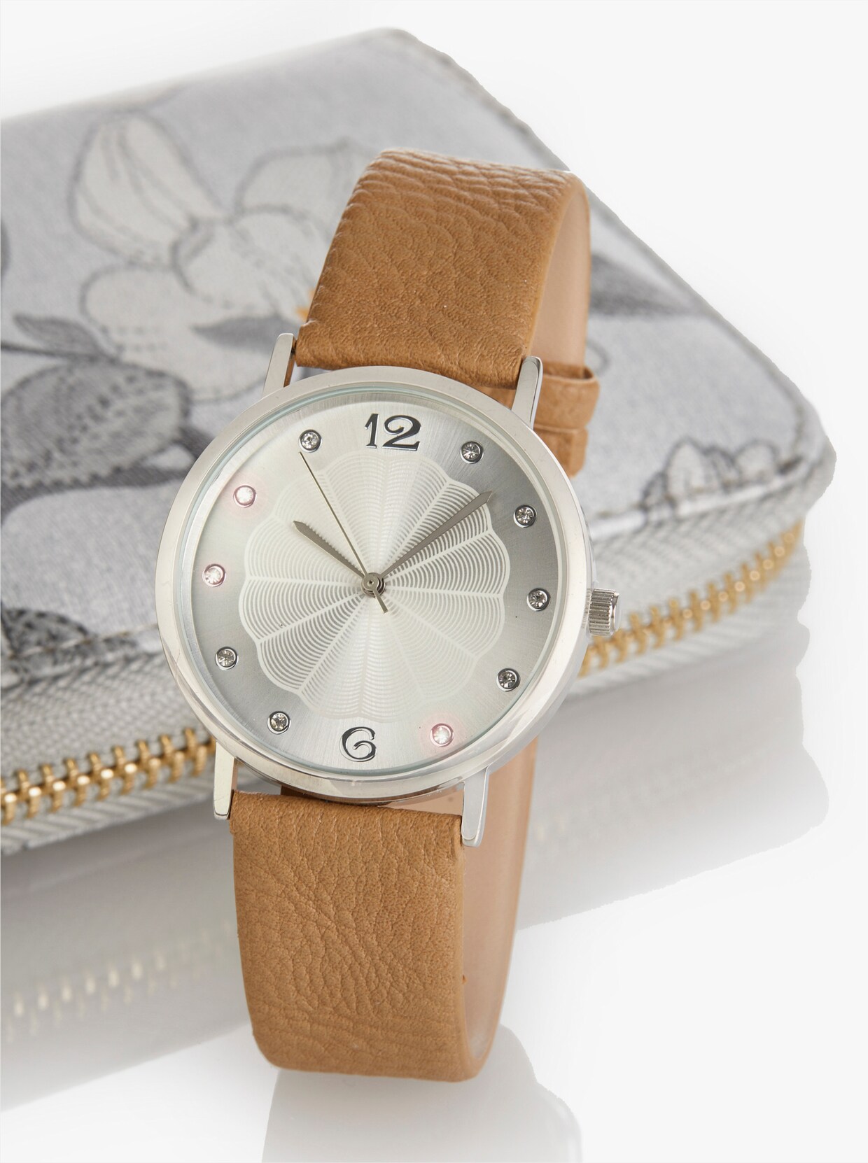 Plånbok + klocka - grå, blommig