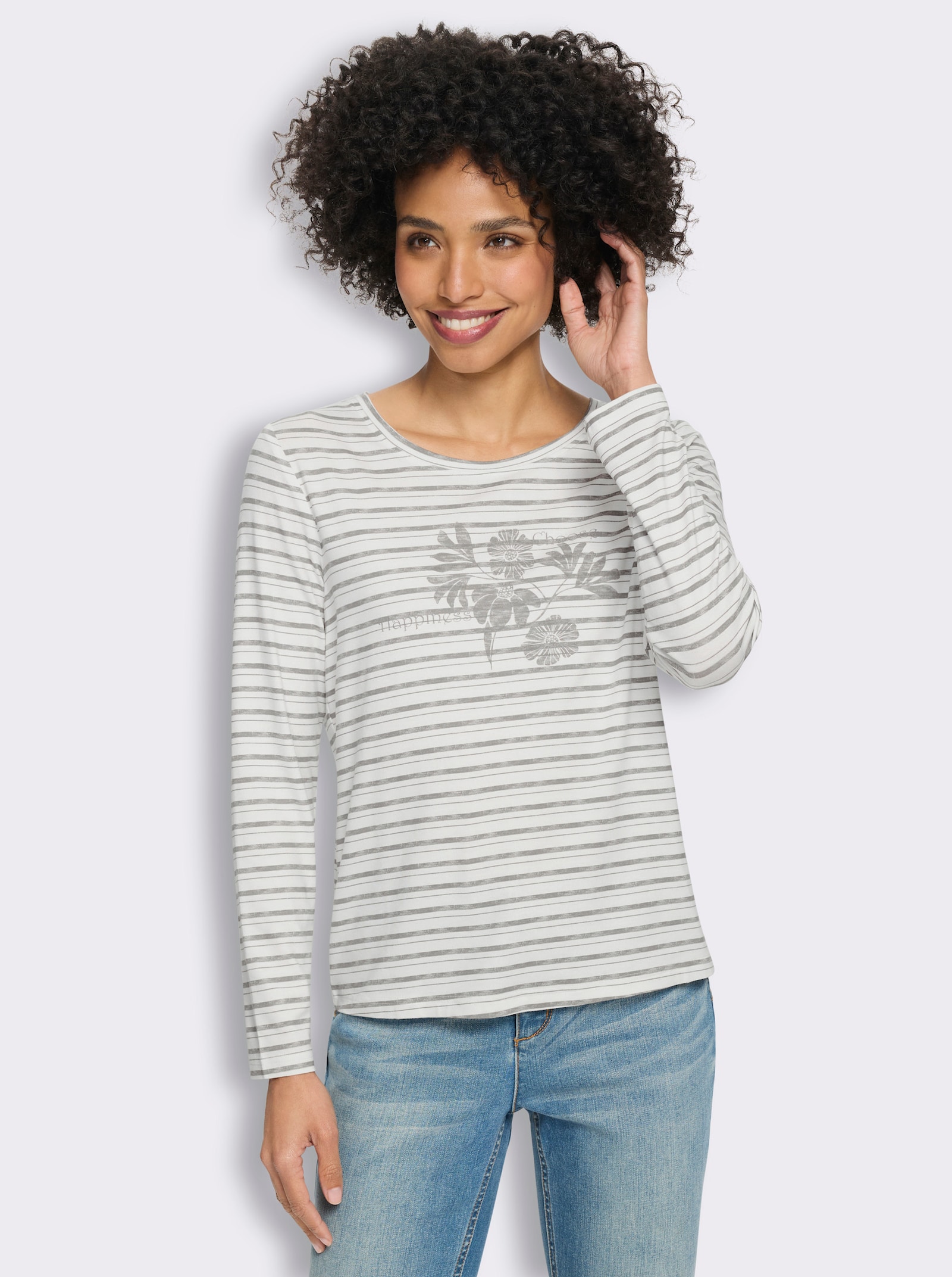heine Langarmshirt mit Ringel- und Blüten-Print - grau-ecru-geringelt