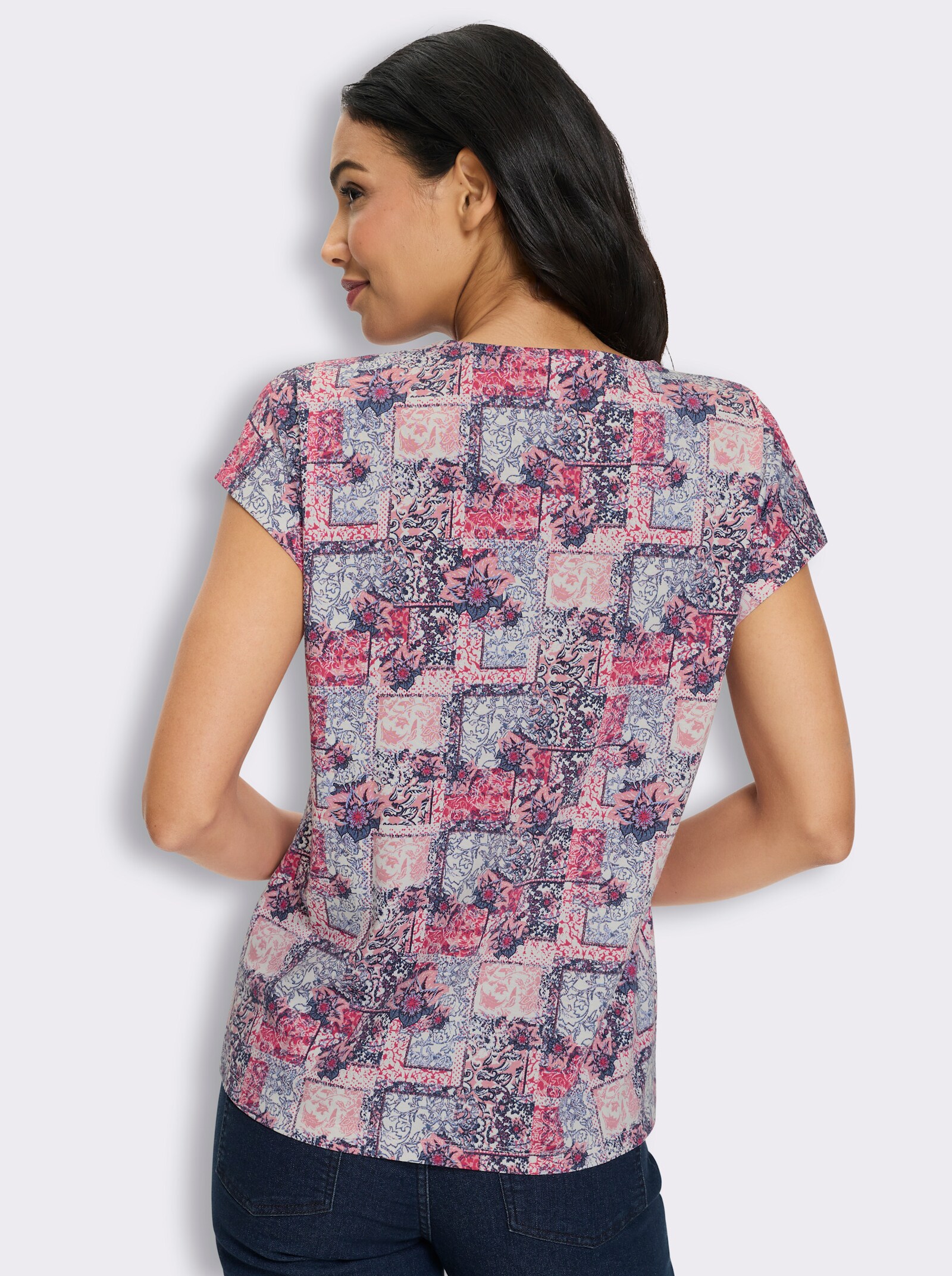 Kurzarmshirt in floraler Patch-Optik - fuchsia-rauchblau-bedruckt