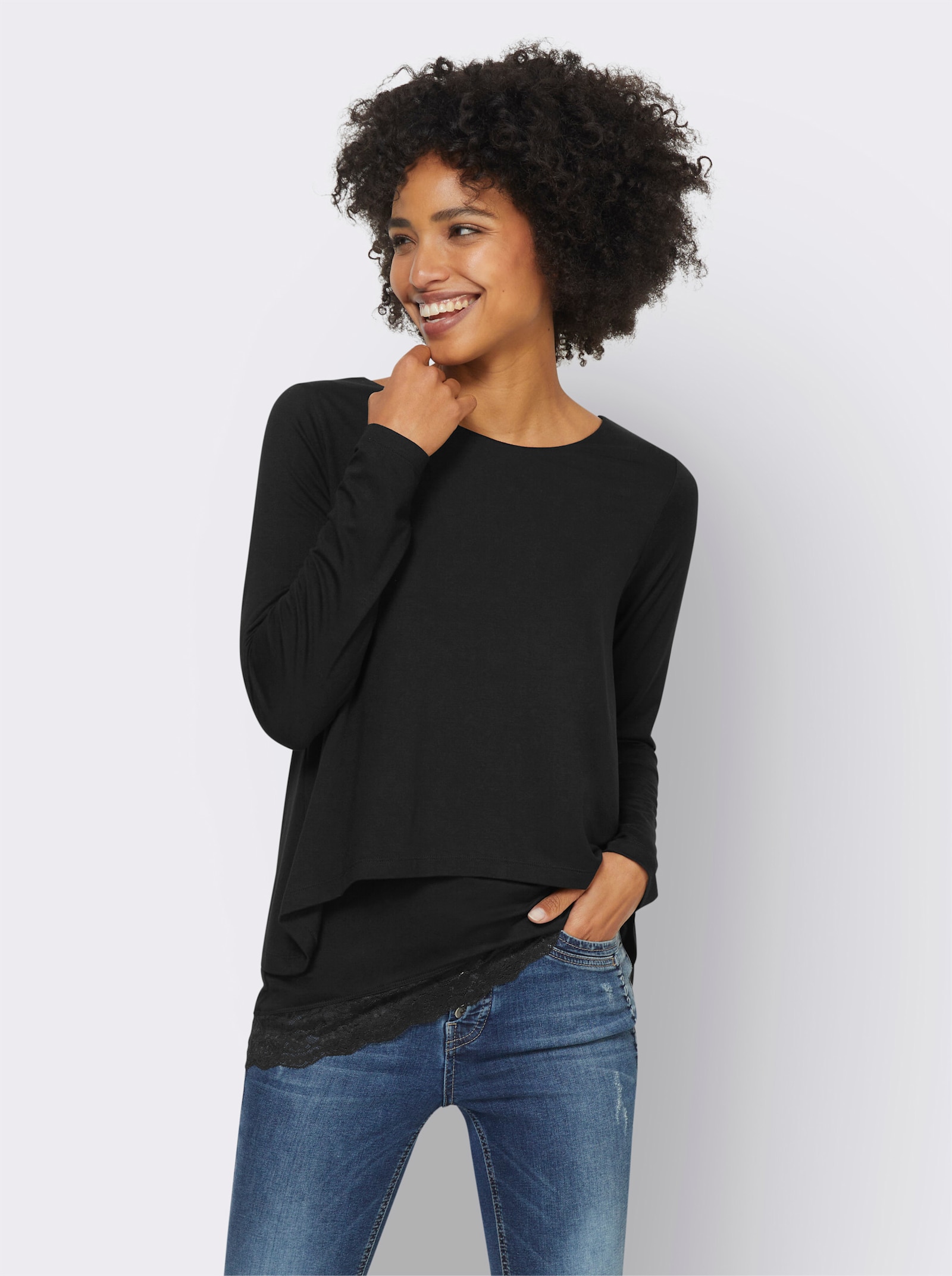 heine Shirt met lange mouwen en kanten zoom - zwart