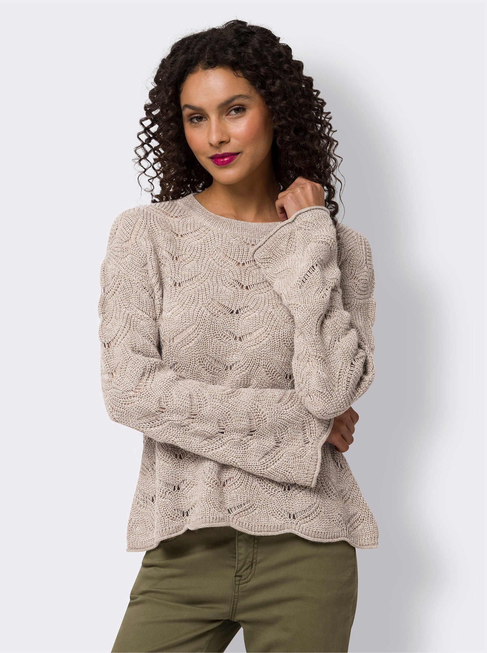 heine Ajourpullover mit Wellenkanten - sesam-ecru-meliert