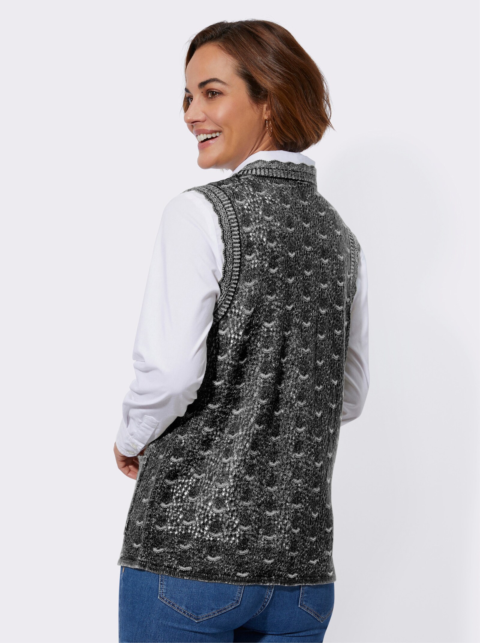 Strickweste im Strukturmuster-Mix - schwarz-meliert