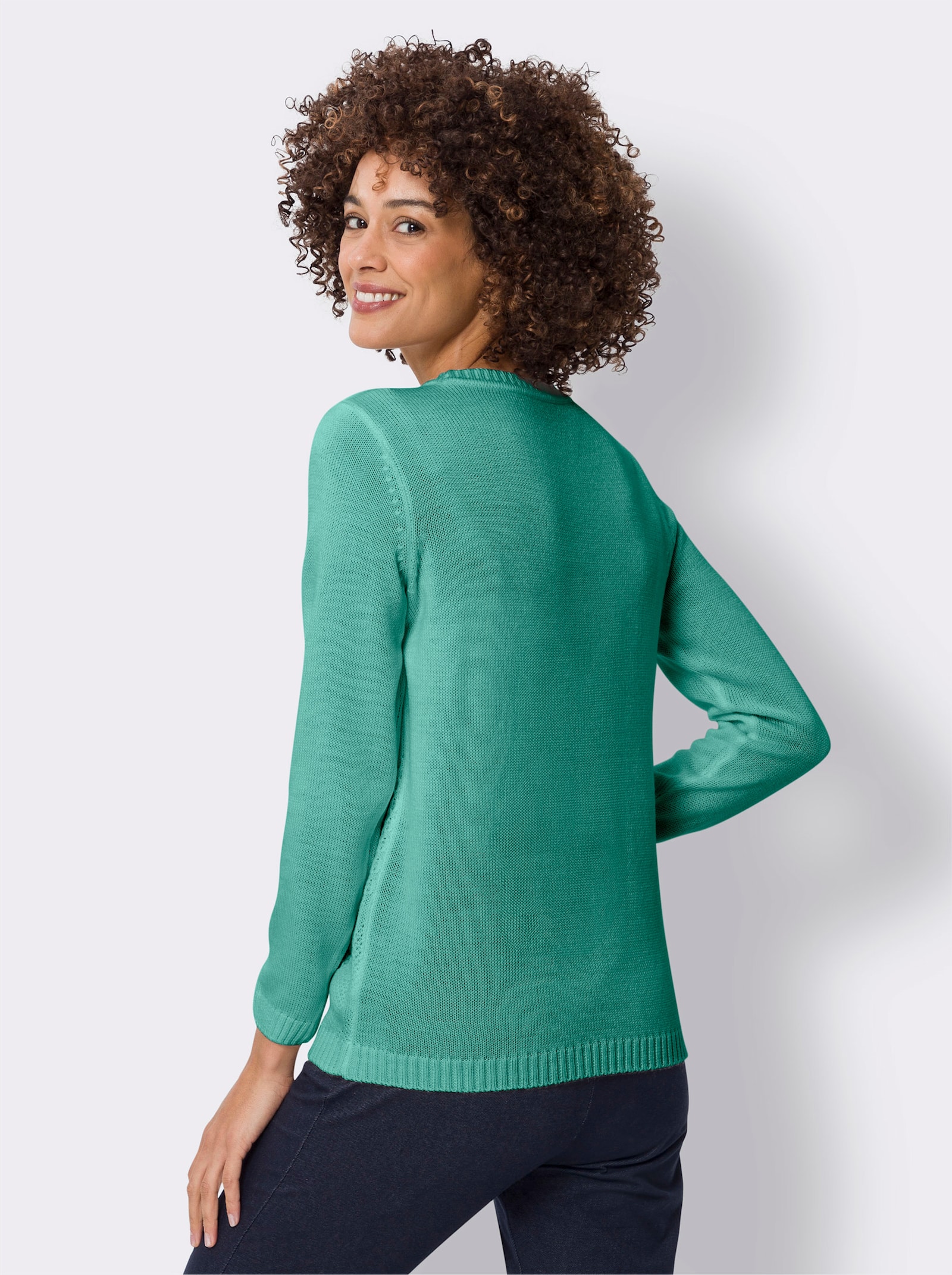 Langarm-Pullover mit Strickmuster vorne - smaragd