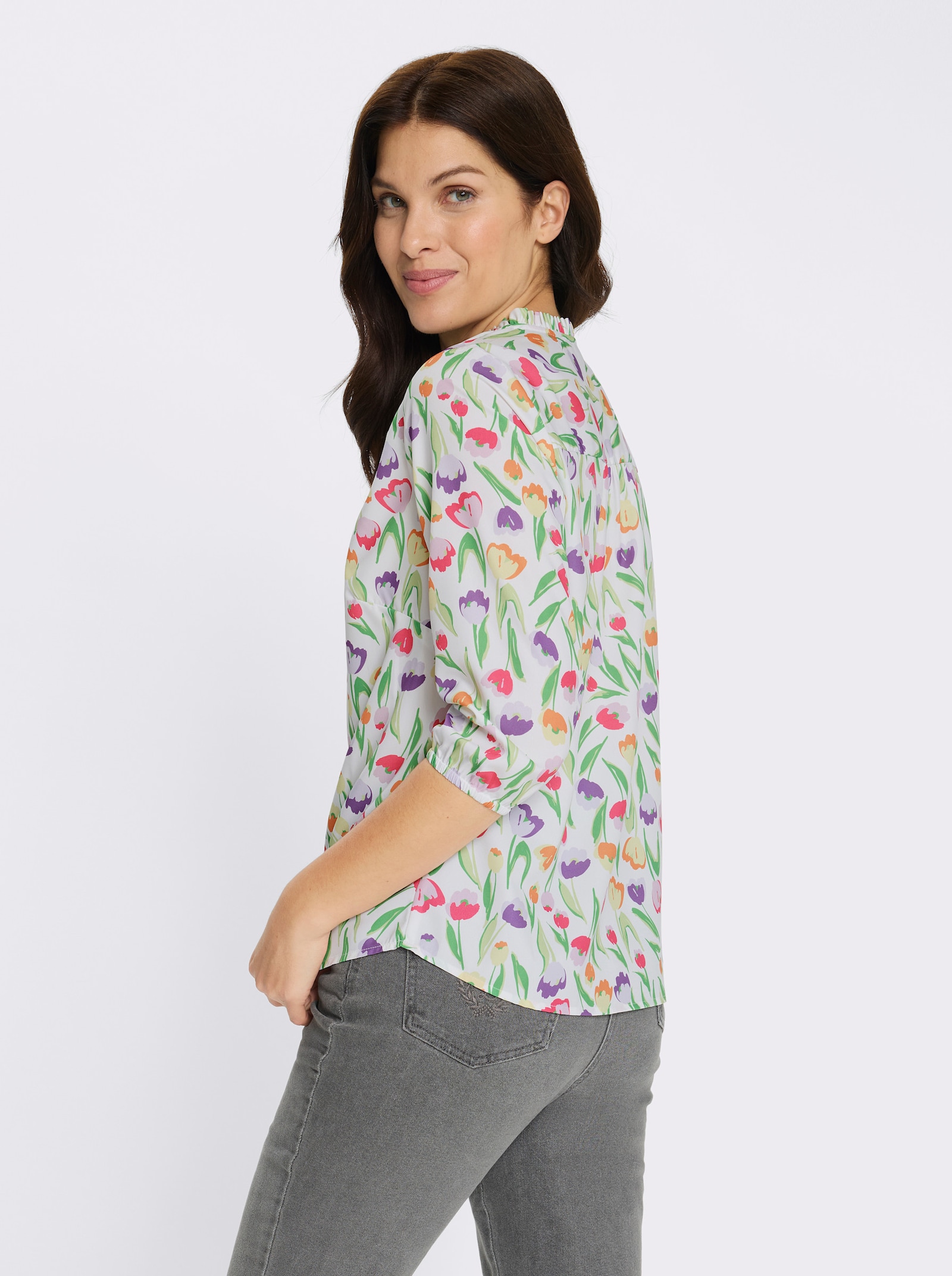 Schlupfbluse mit Tulpen-Druck - ecru-rosé-bedruckt