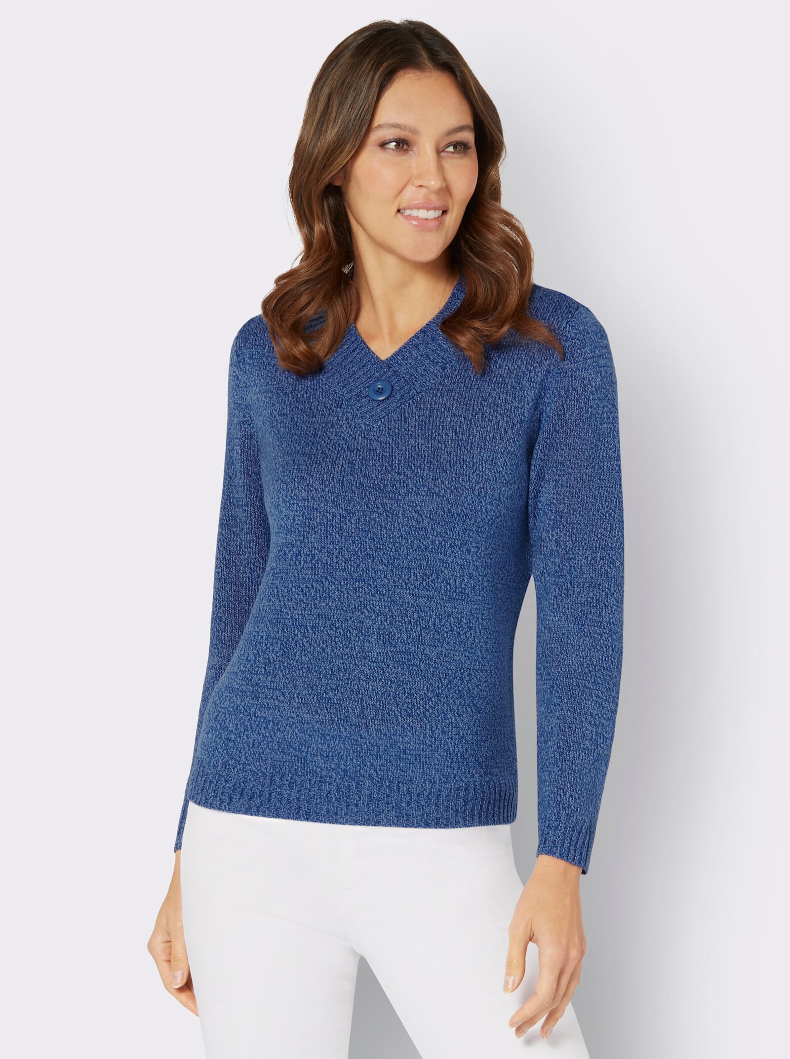 Langarm-Pullover mit V-Ausschnitt - royalblau-bleu-meliert