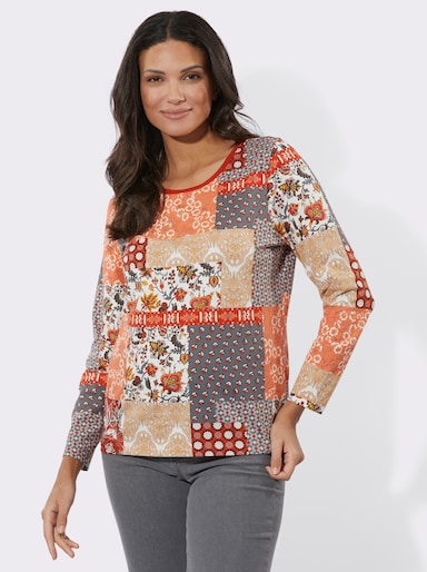 Langarmshirt in Patchwork-Optik - papaya-rostrot-bedruckt