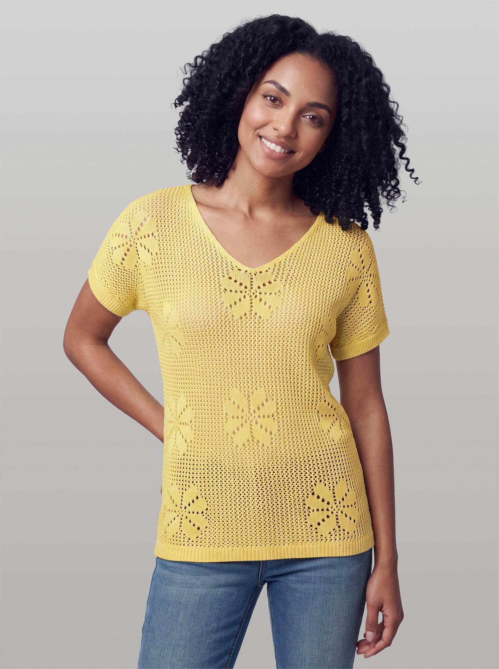 heine Kurzarmpullover mit Ajourmuster - zitrone