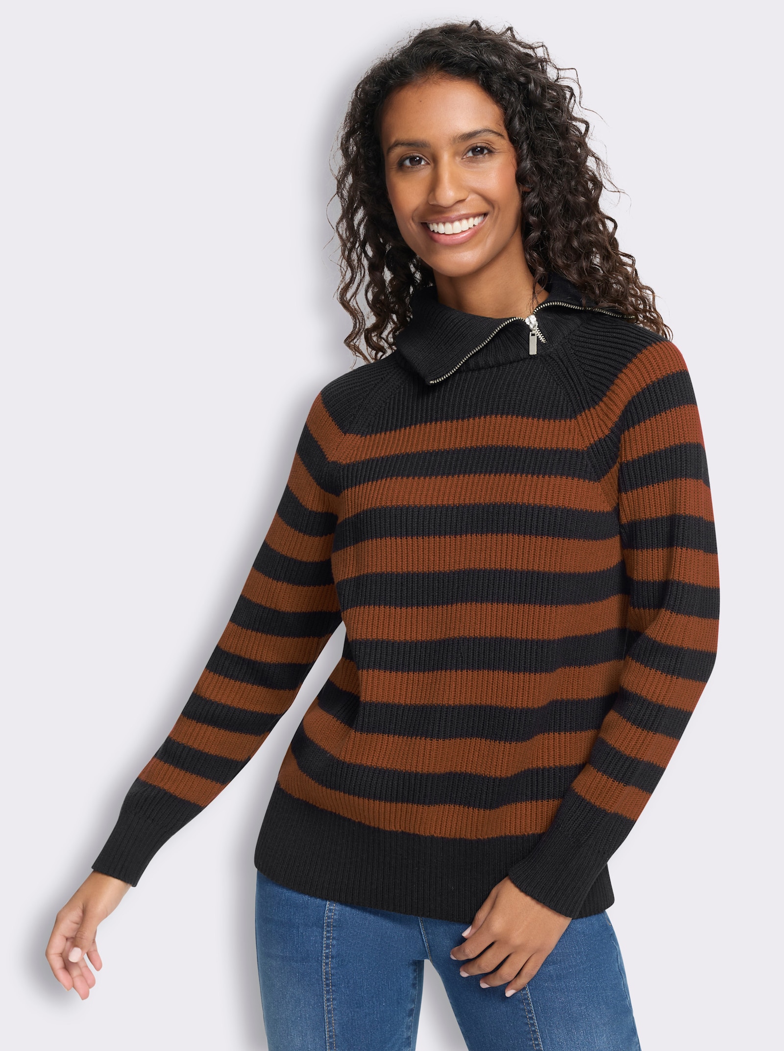 heine Langarm-Pullover mit Ringelstreifen - schwarz-cognac-geringelt