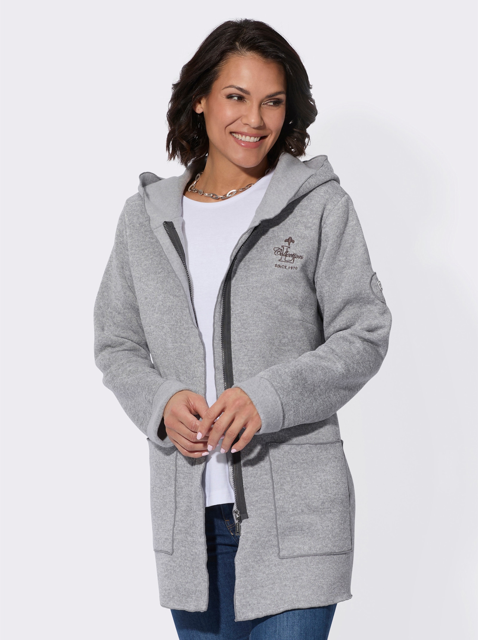 Strickfleece-Jacke mit fixiertem Ärmelaufschlag - steingrau-meliert
