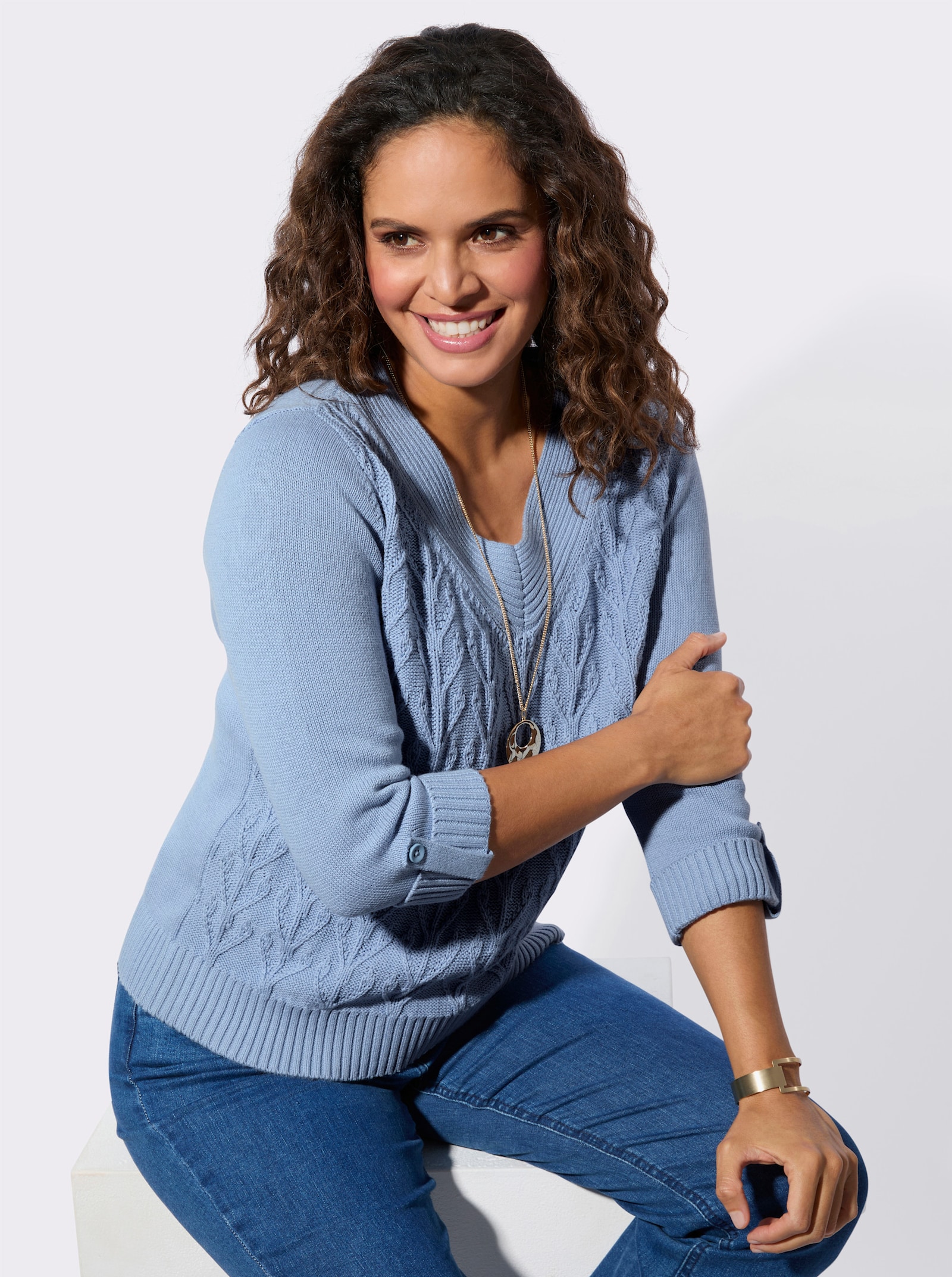 Baumwollpullover mit Strukturstrick-Muster - bleu