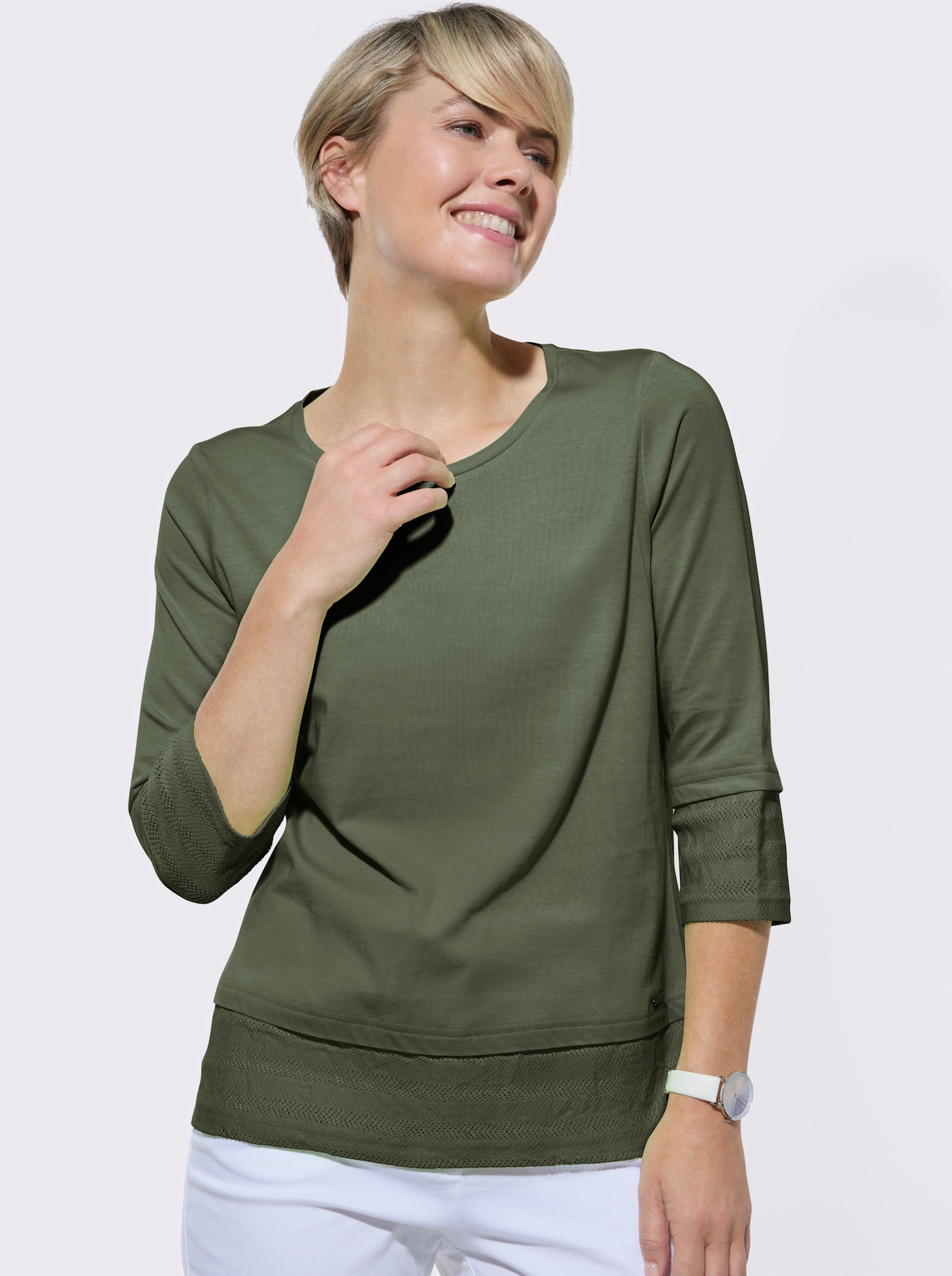Rundhalsshirt mit Netzeinsätzen - khaki