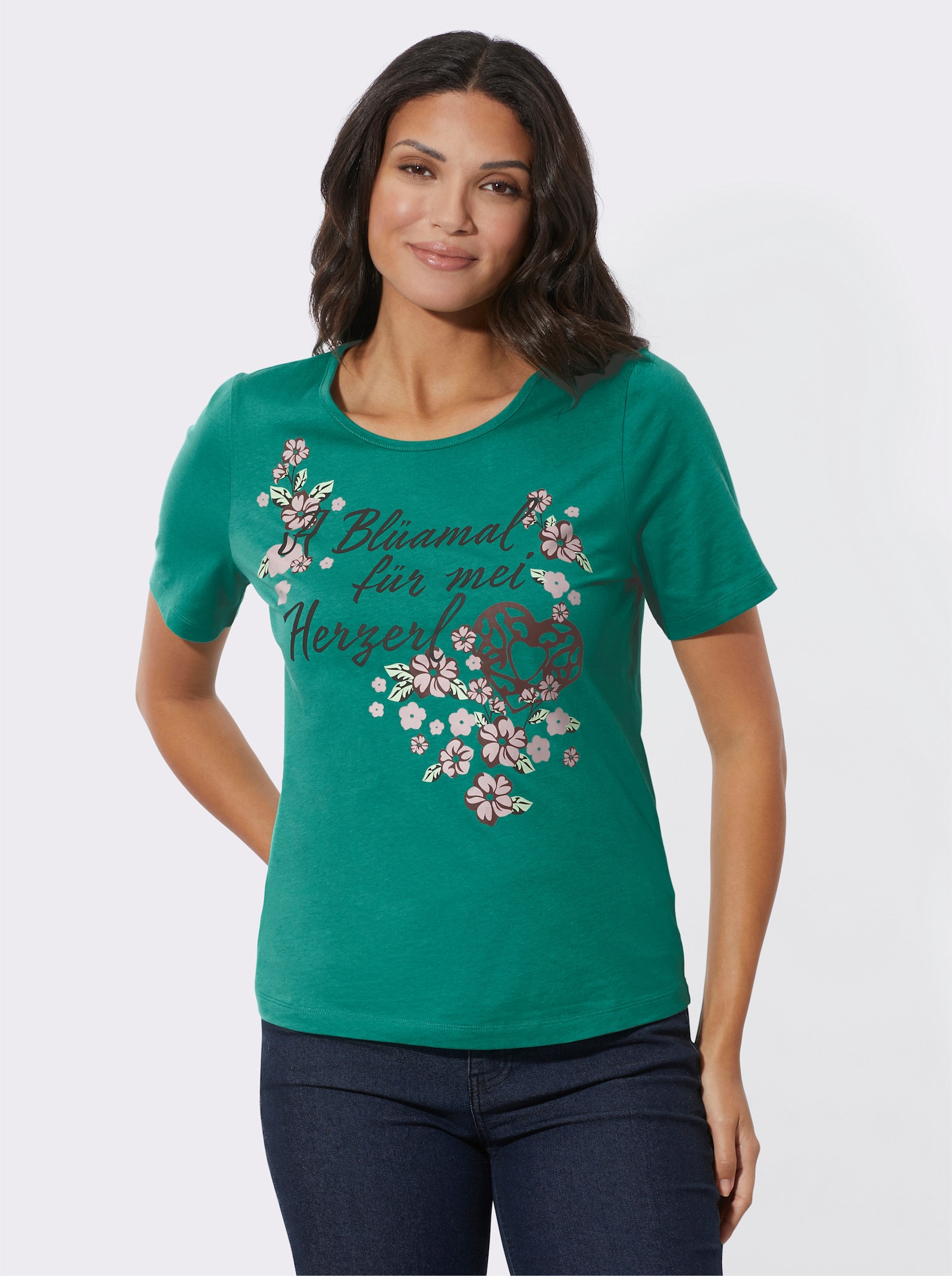 Folkloreshirt van puur katoen - smaragdgroen/zwart