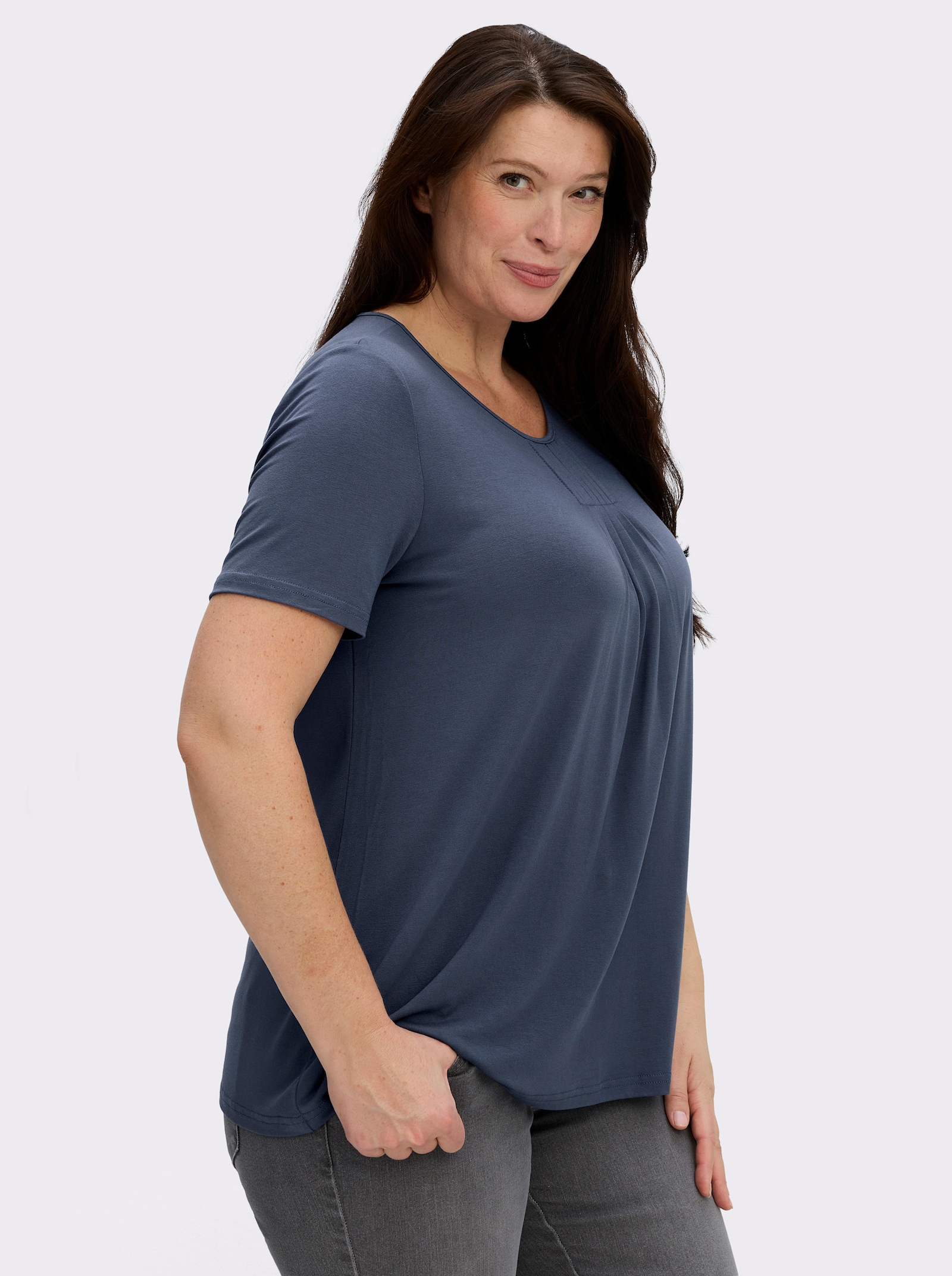 Rundhalsshirt in A-Form mit Falten - rauchblau