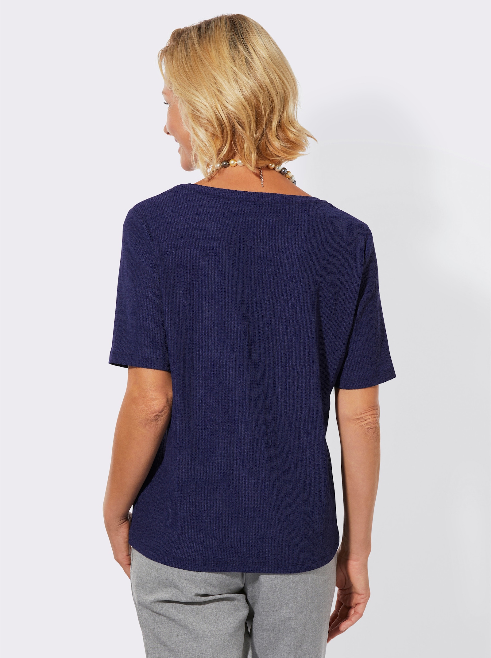 Kurzarmshirt mit Spitzenbesatz - marine