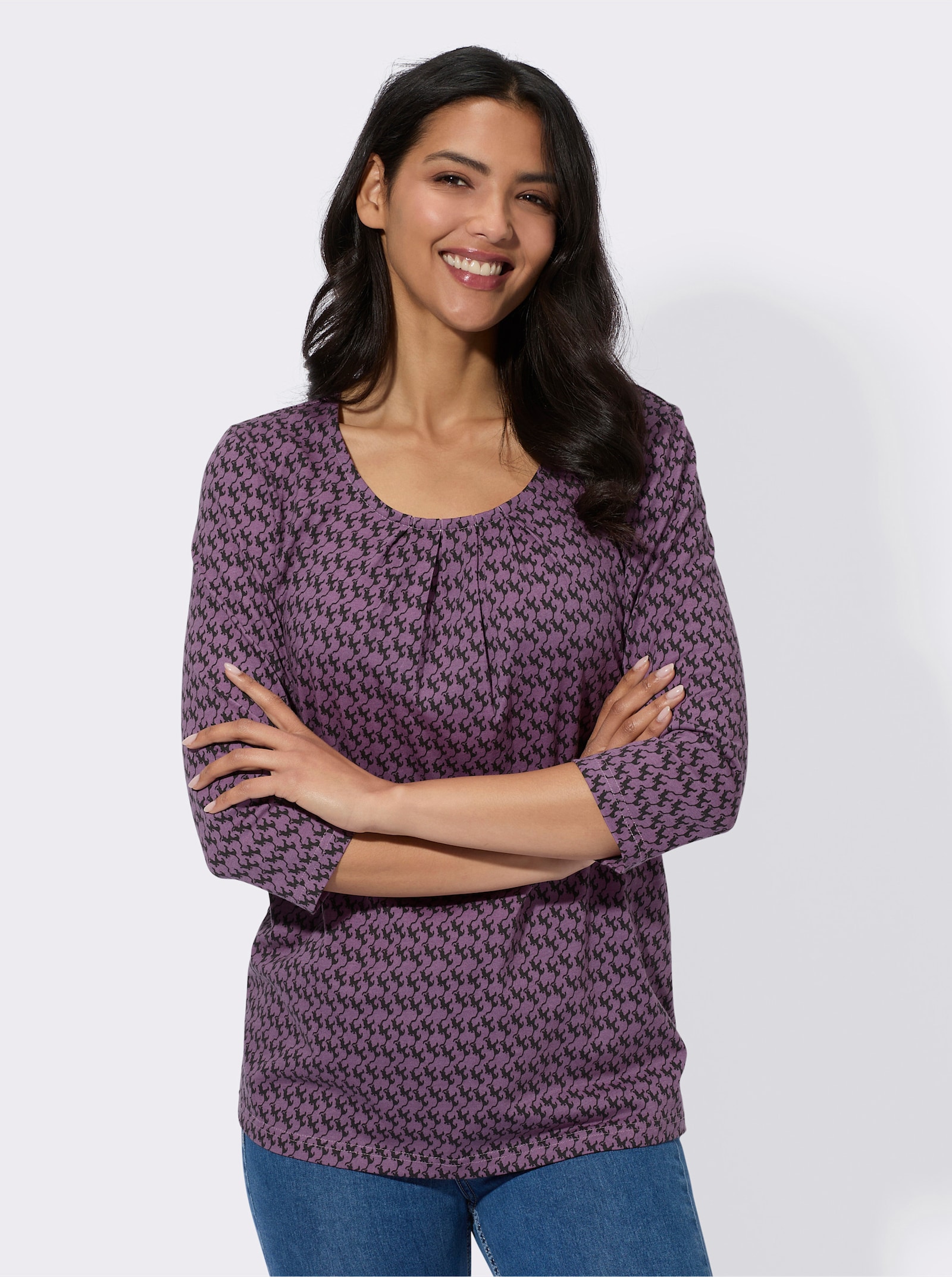 3/4-Arm-Shirt mit Katzen-Druck - violett-schwarz-bedruckt