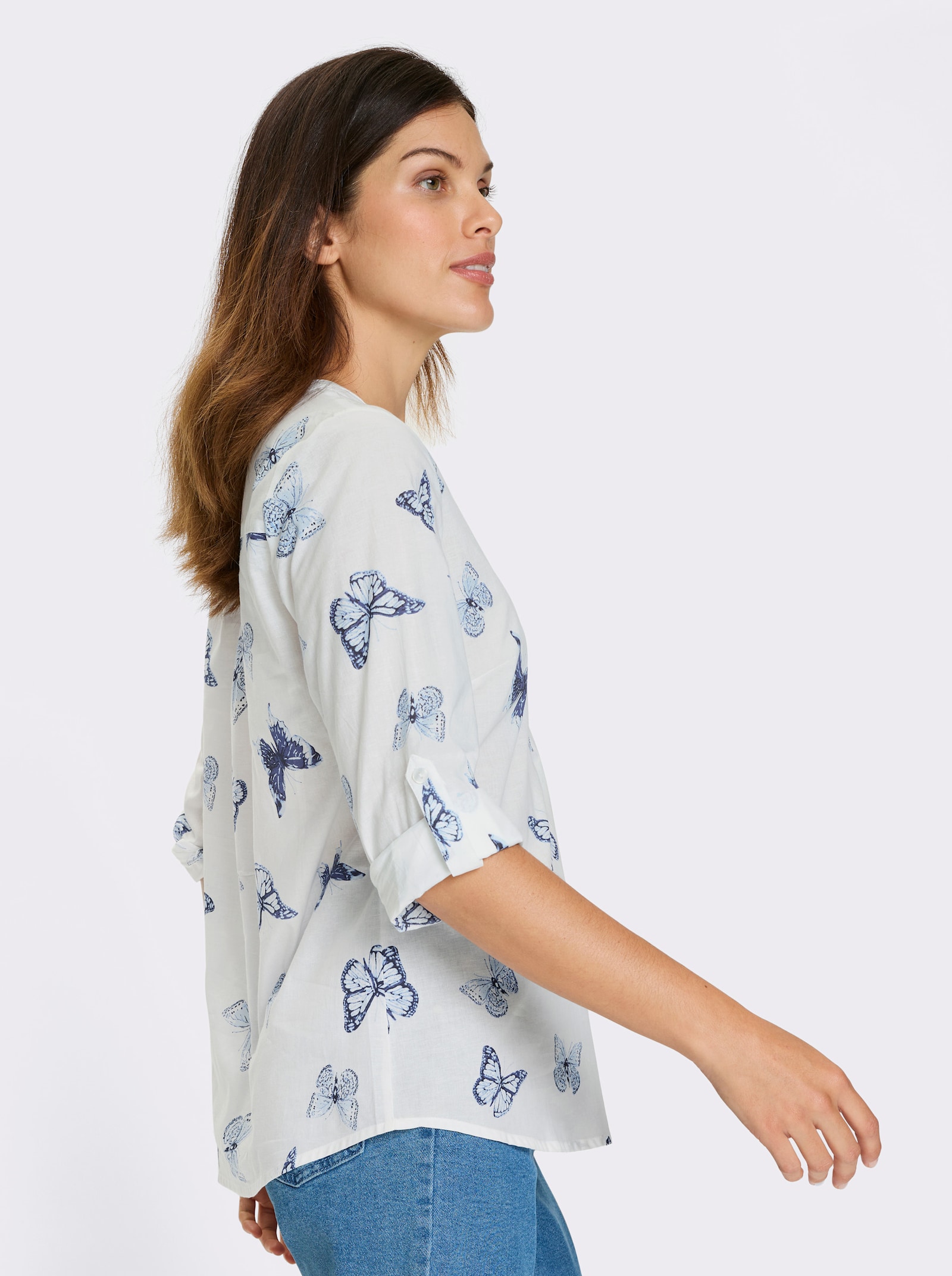 Katoenen blouse met vlinderprint - wit/marine geprint