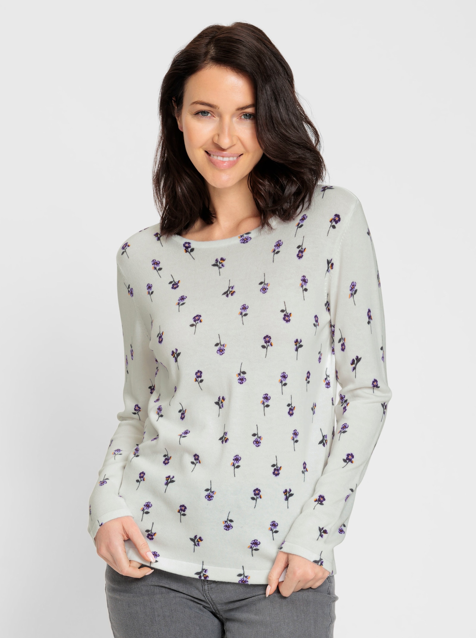 Feinstrickpullover mit Blumen-Dessin - ecru-bedruckt