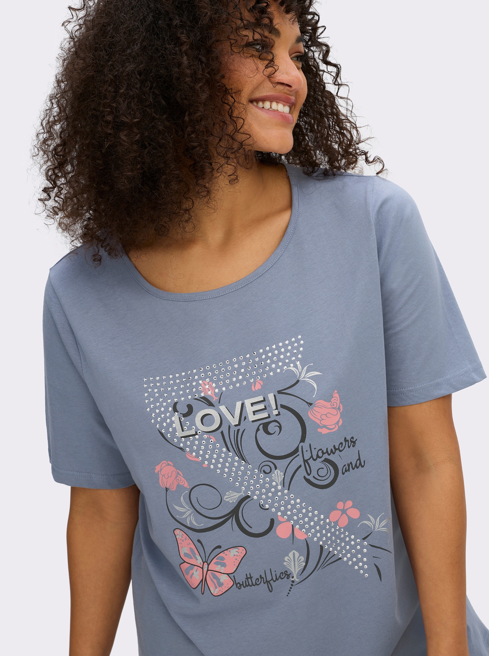 T-Shirt mit Schmetterlings-Druck - taubenblau