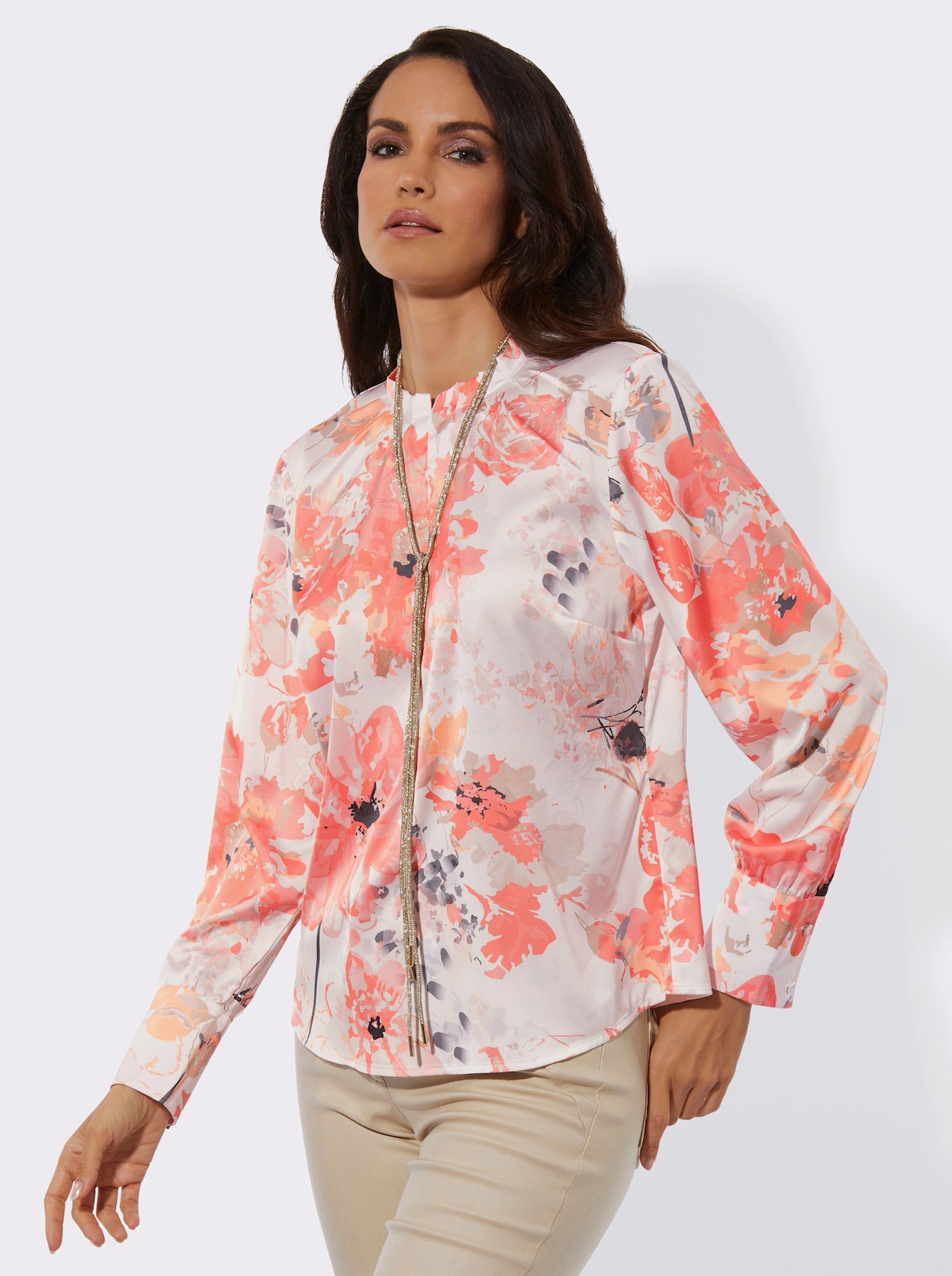 Druckbluse - ecru-apricot-bedruckt