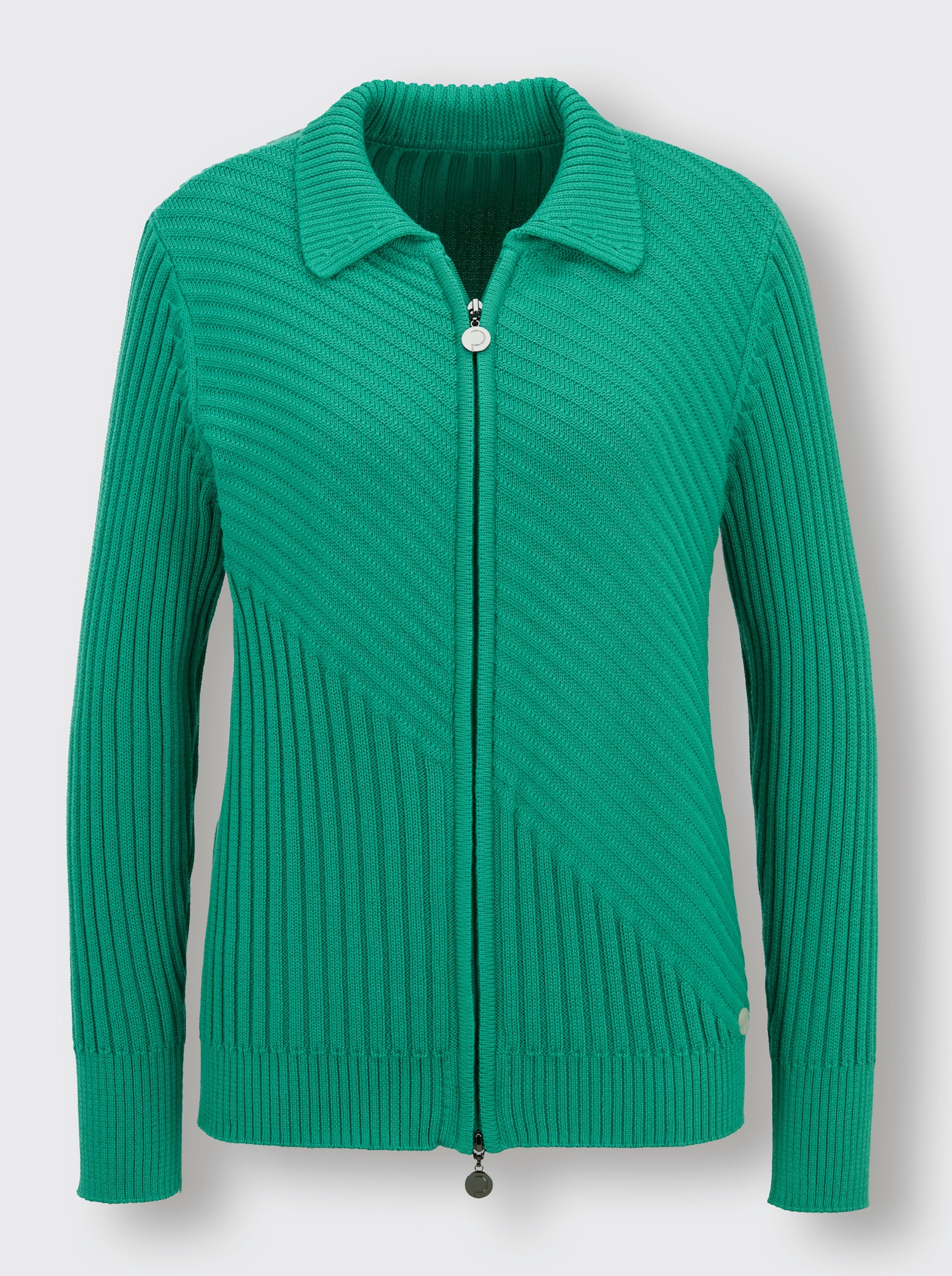 CREATION L PREMIUM Strickjacke mit diagonalem Strickmuster - smaragd