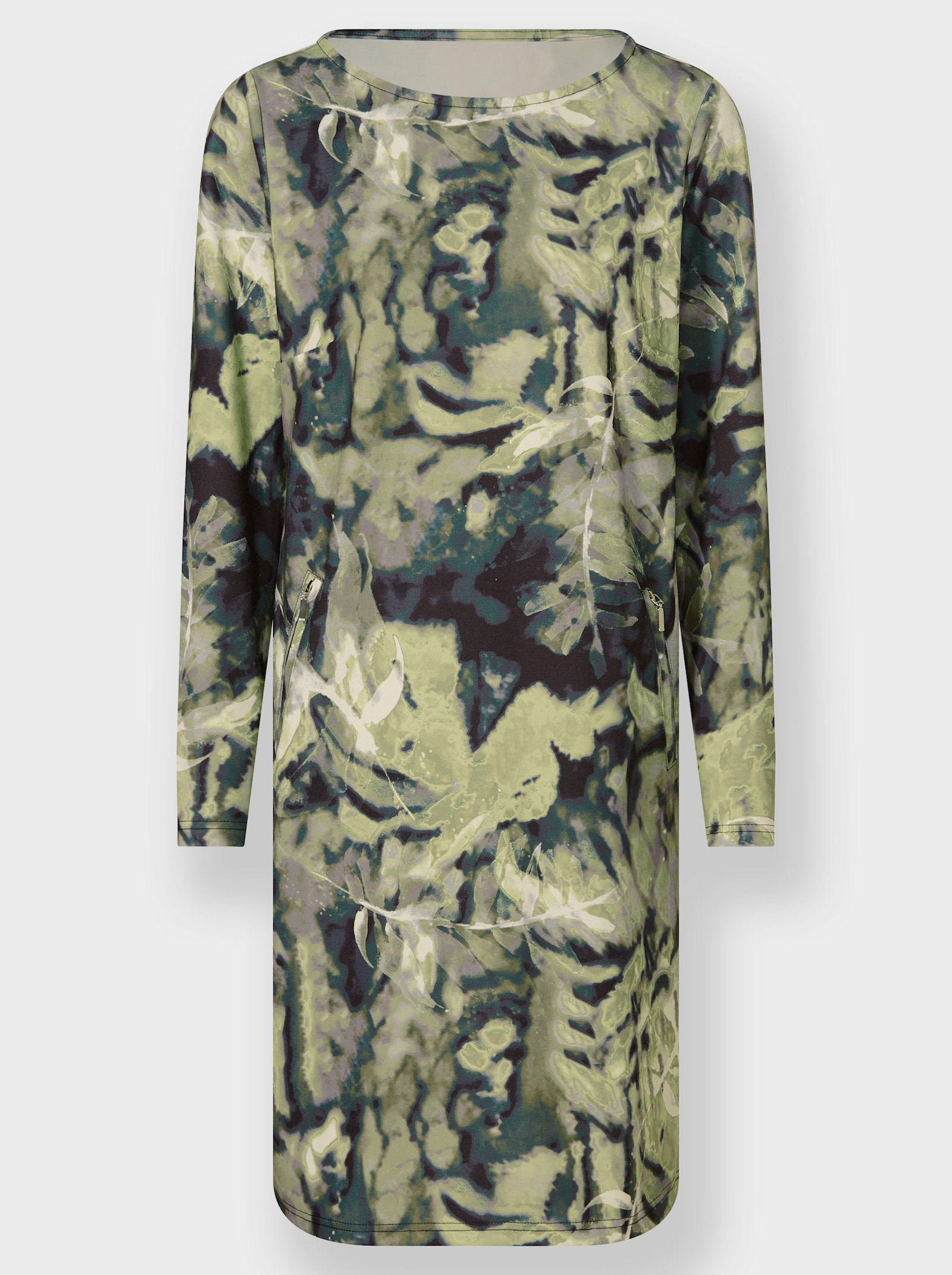 heine Jerseykleid mit Reißverschluss-Taschen - khaki-lindgrün-bedruckt