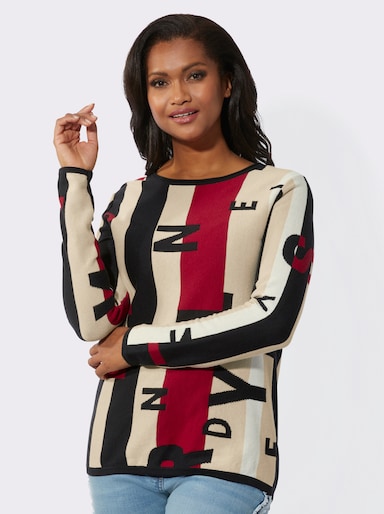 Jacquard-Pullover mit Streifen- und Lettering-Muster - schwarz-rot-gemustert