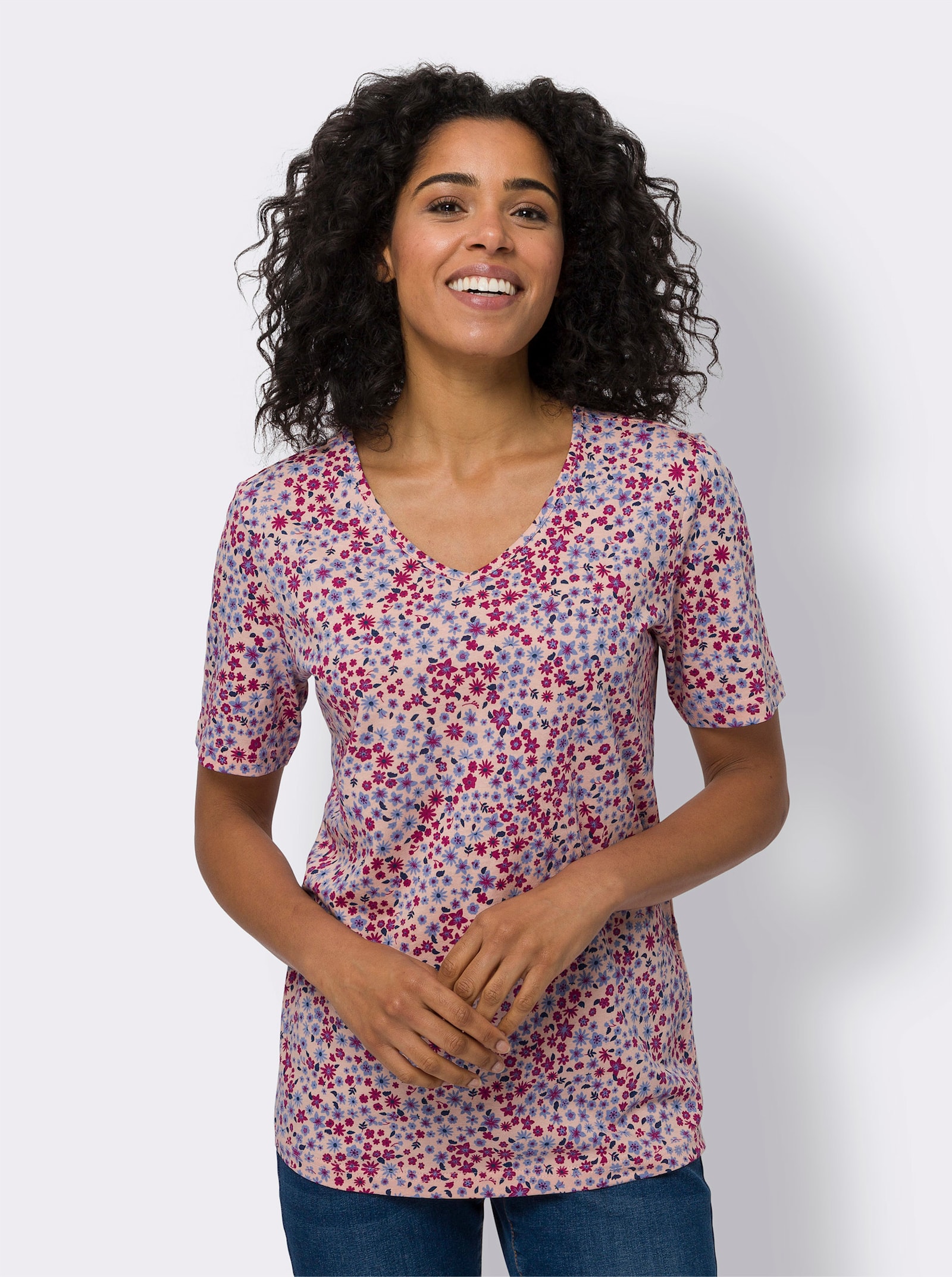 Kurzarmshirt aus Baumwolle, Millefleurs - puder-erika-bedruckt