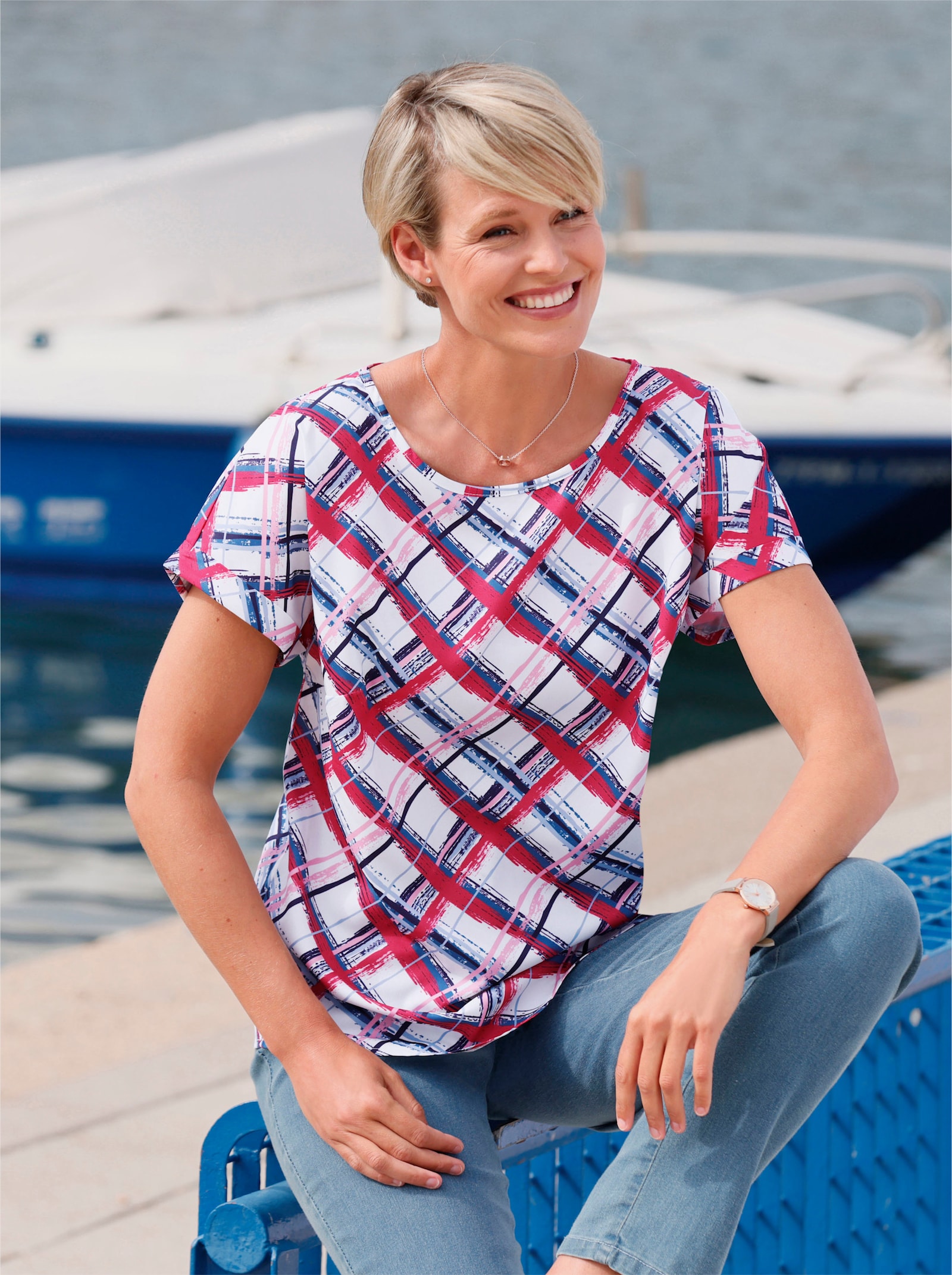 Schlupfbluse mit Karo-Muster - ecru-rot-bedruckt