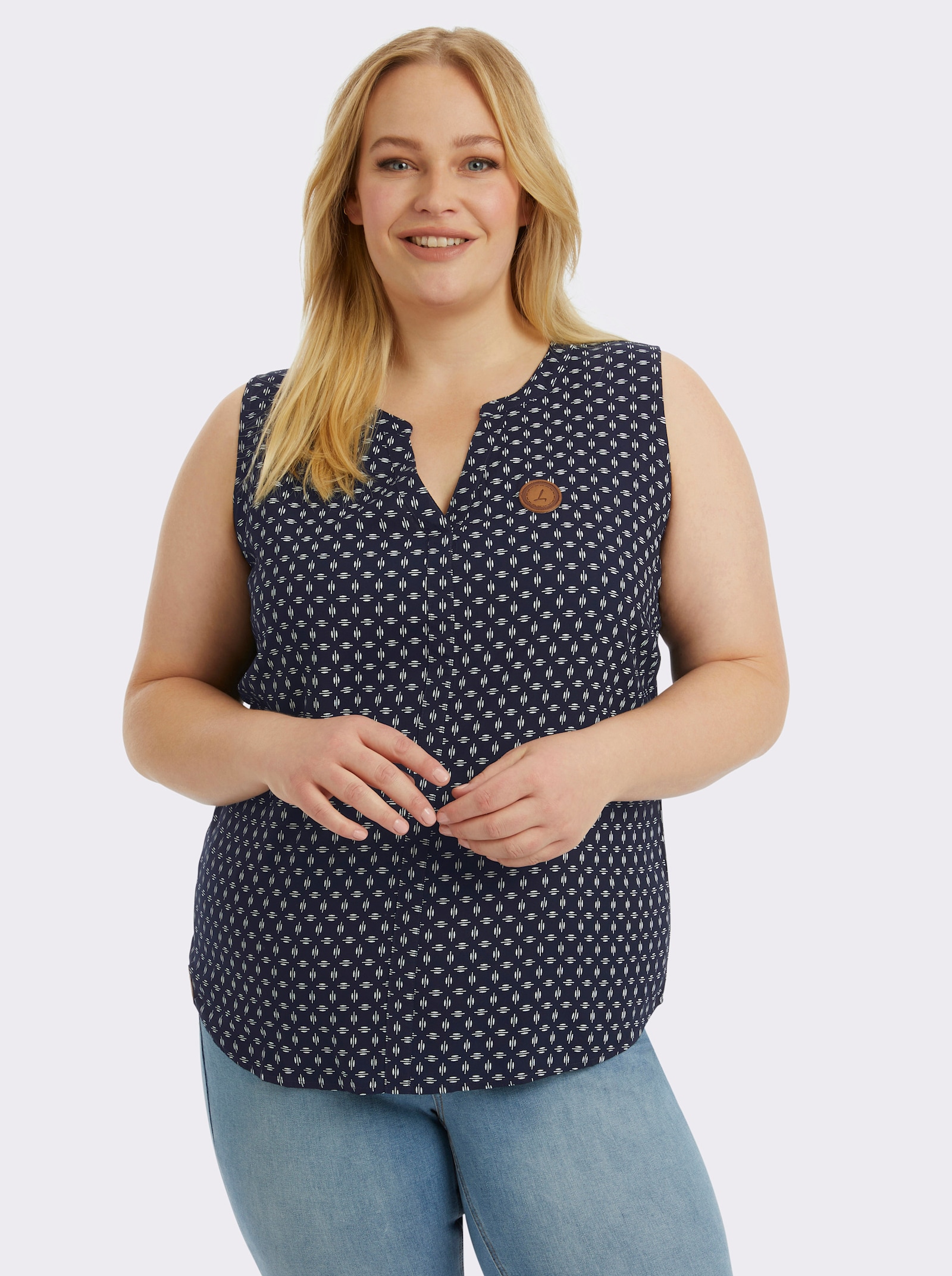 Blusentop mit Blende im Vorderteil - marine-weiß-bedruckt