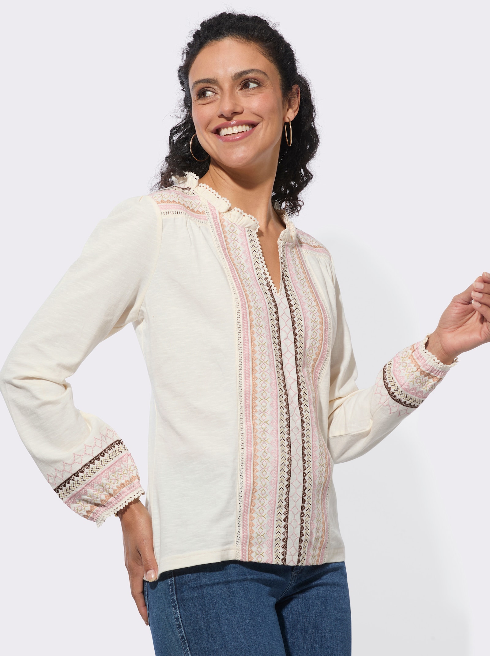 Langarmshirt mitmehrfarbiger Bordüre - champagner