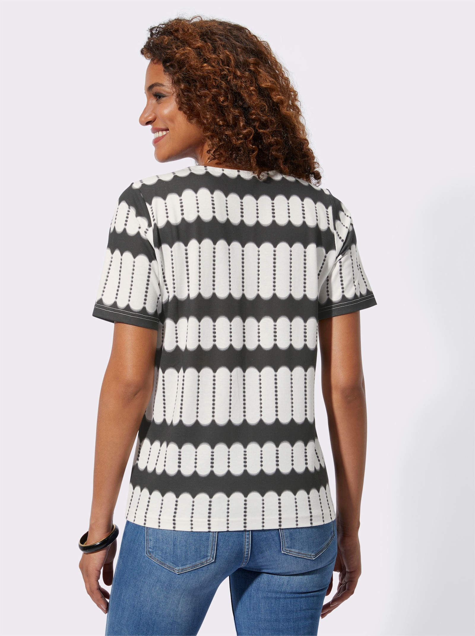 Tričko s krátkým rukávem s výstřihem do V - černá-ecru-potisk