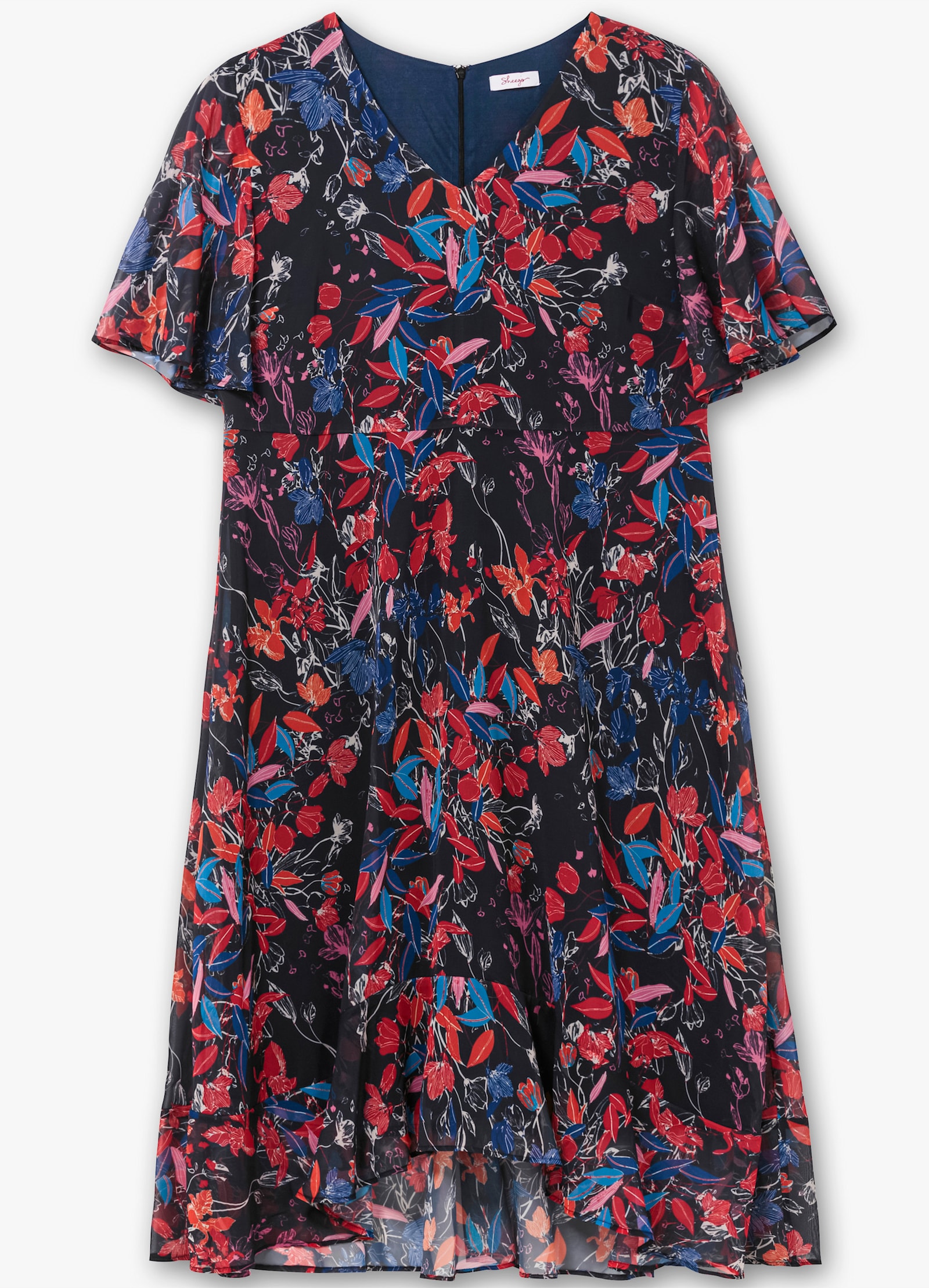 sheego Chiffonjurk met bloemenprint en volant aan de zoom - marine gedessineerd