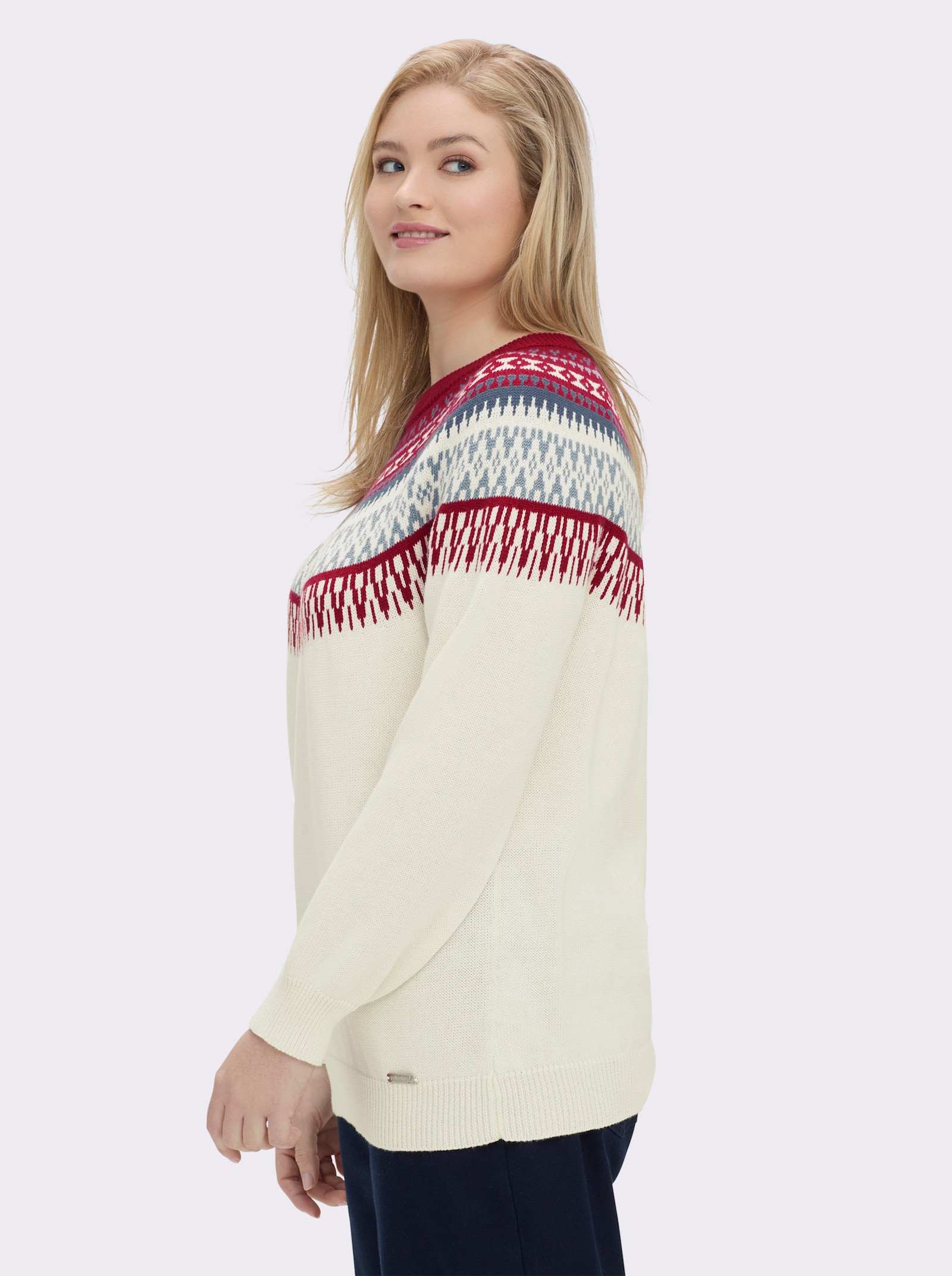 Norwegerpullover aus reiner Baumwolle - ecru-kirsche-gemustert