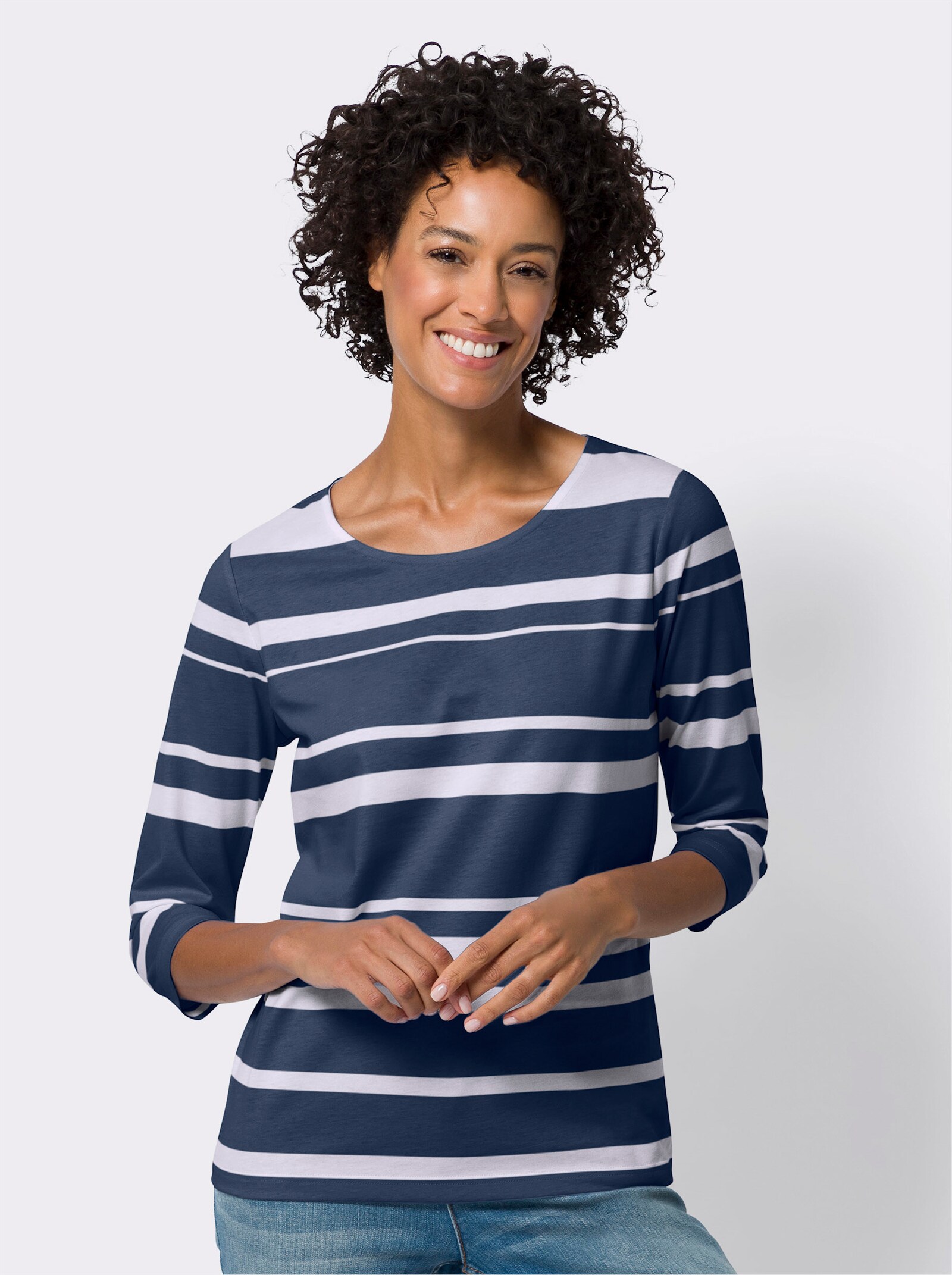 Tričko s 3/4 rukávmi z čistej bavlny - Tmavomodro-biele pruhovanie